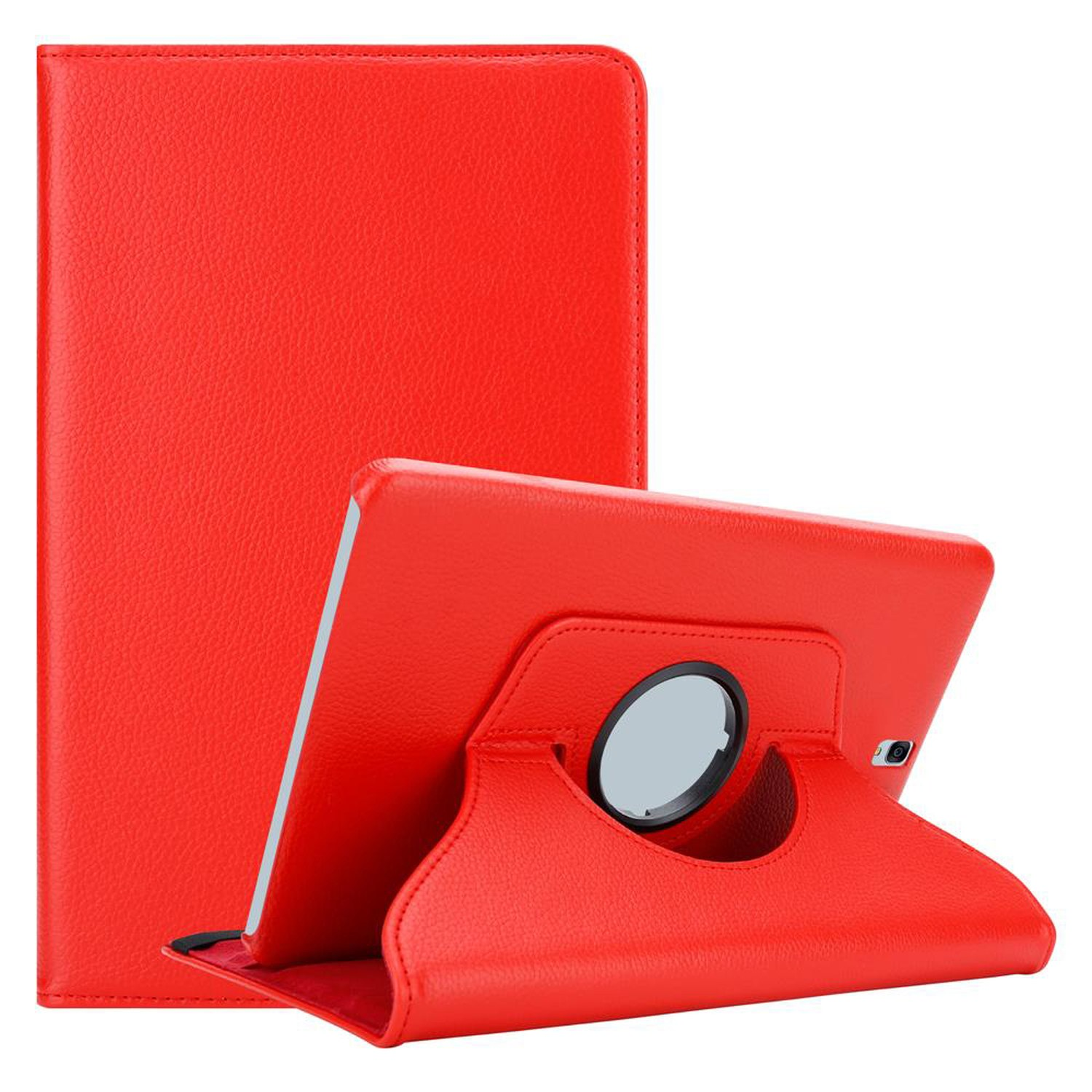 Funda roja para tableta. La tableta está en posición horizontal. Fondo blanco.