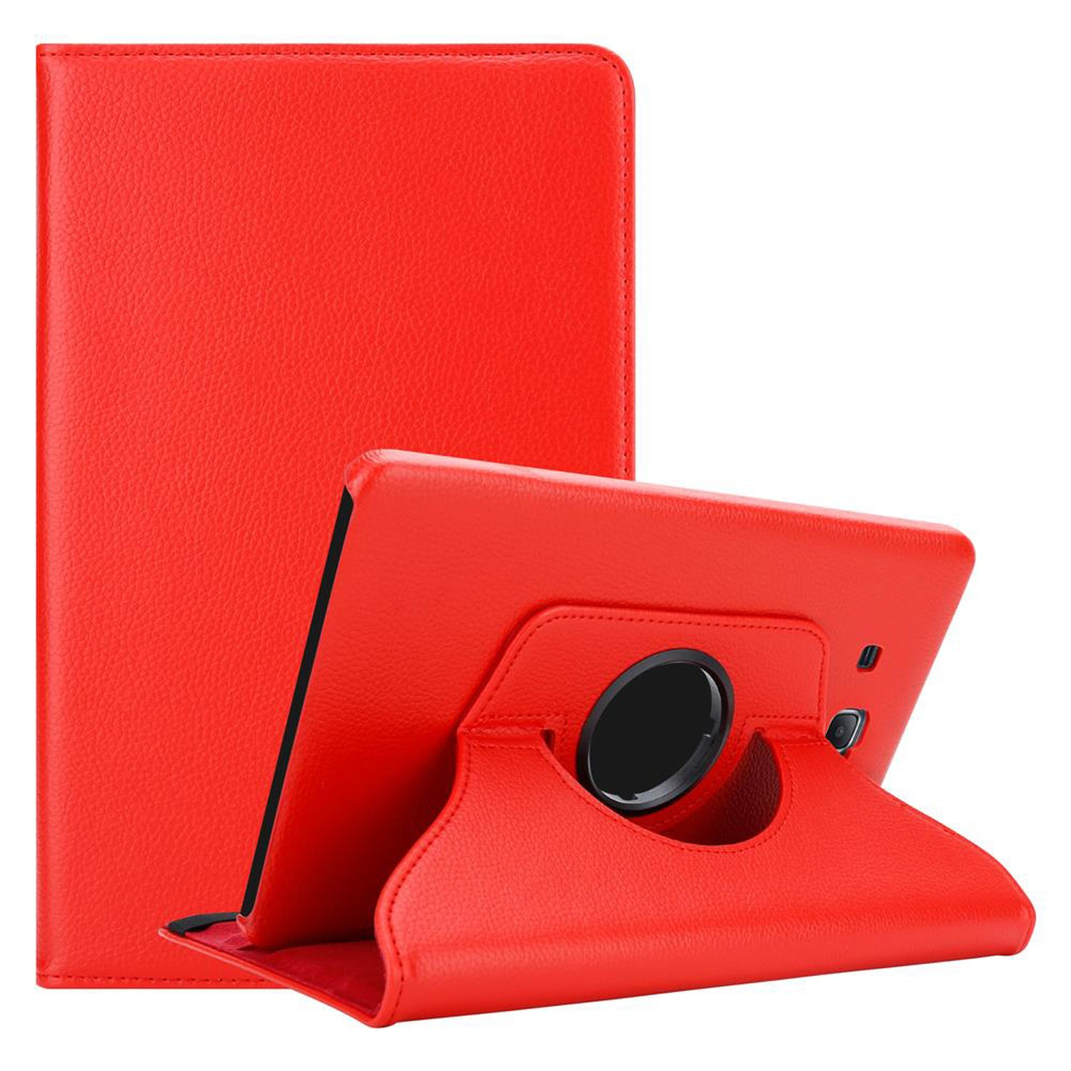 Rote Tablet-Hülle mit einem Tablet darin, das aufrecht steht.