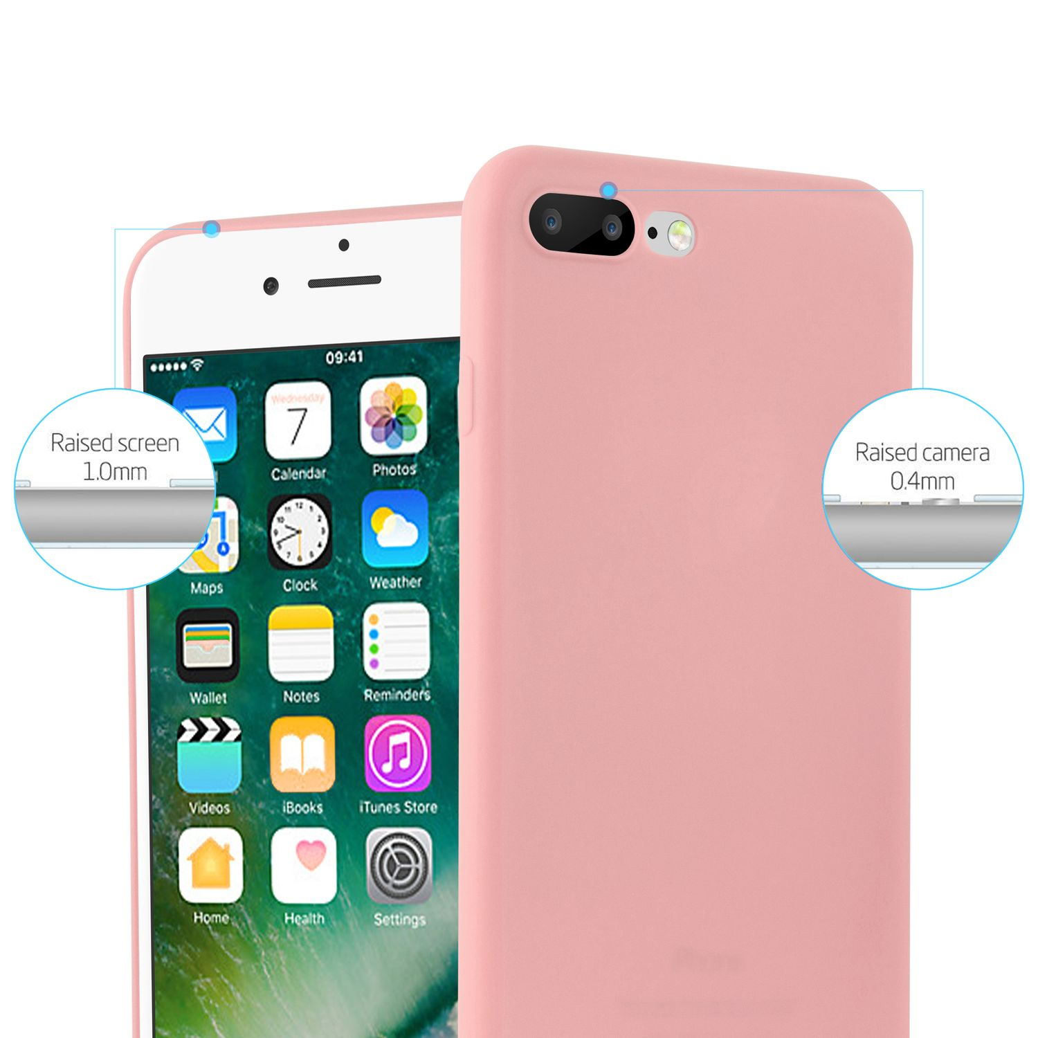 Ein rosa Telefon mit Apps auf dem Bildschirm und rosa Hülle. Details von erhöhtem Bildschirm und Kamera.
