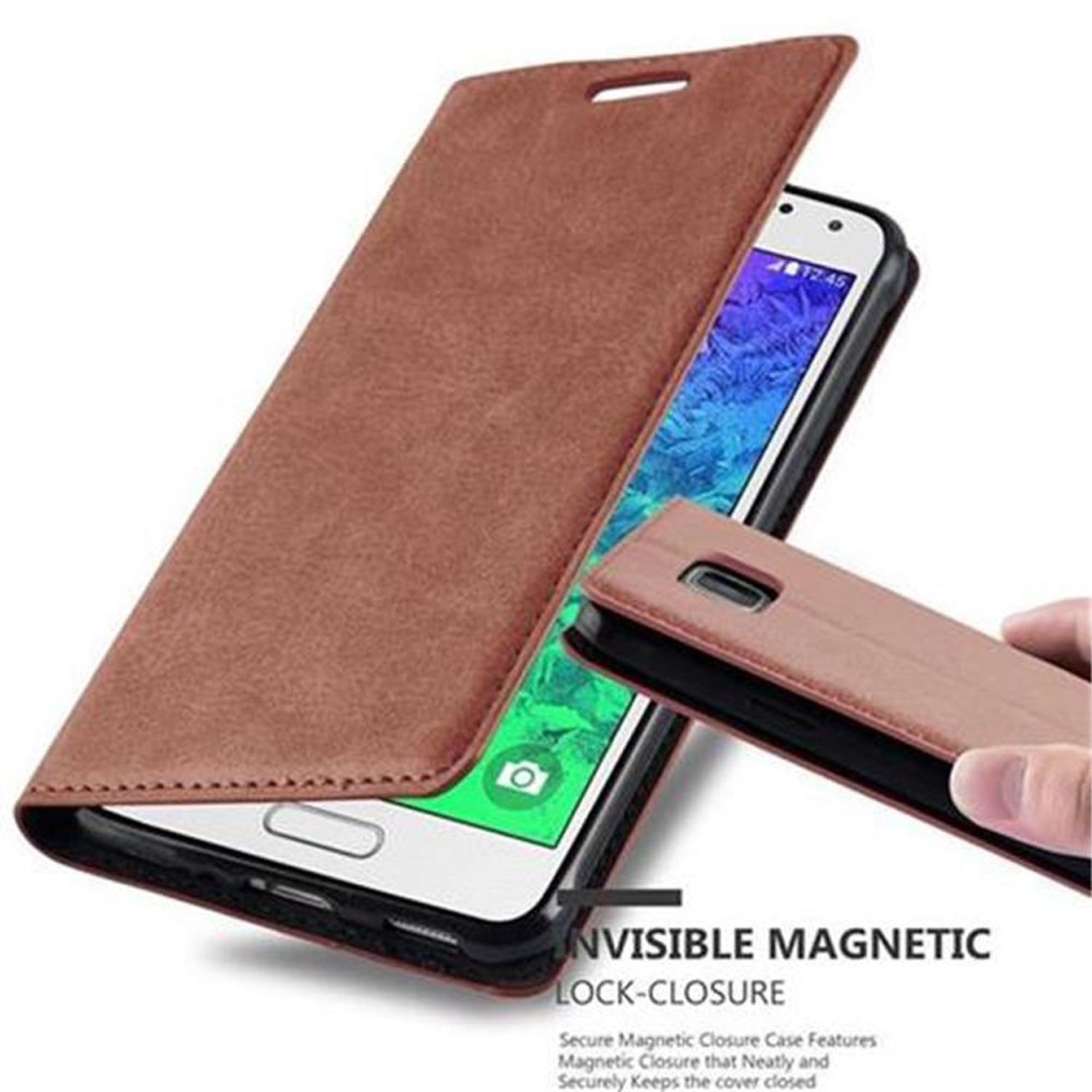 Teléfono con funda marrón abierta. La funda es de cuero. La pantalla del teléfono es visible.