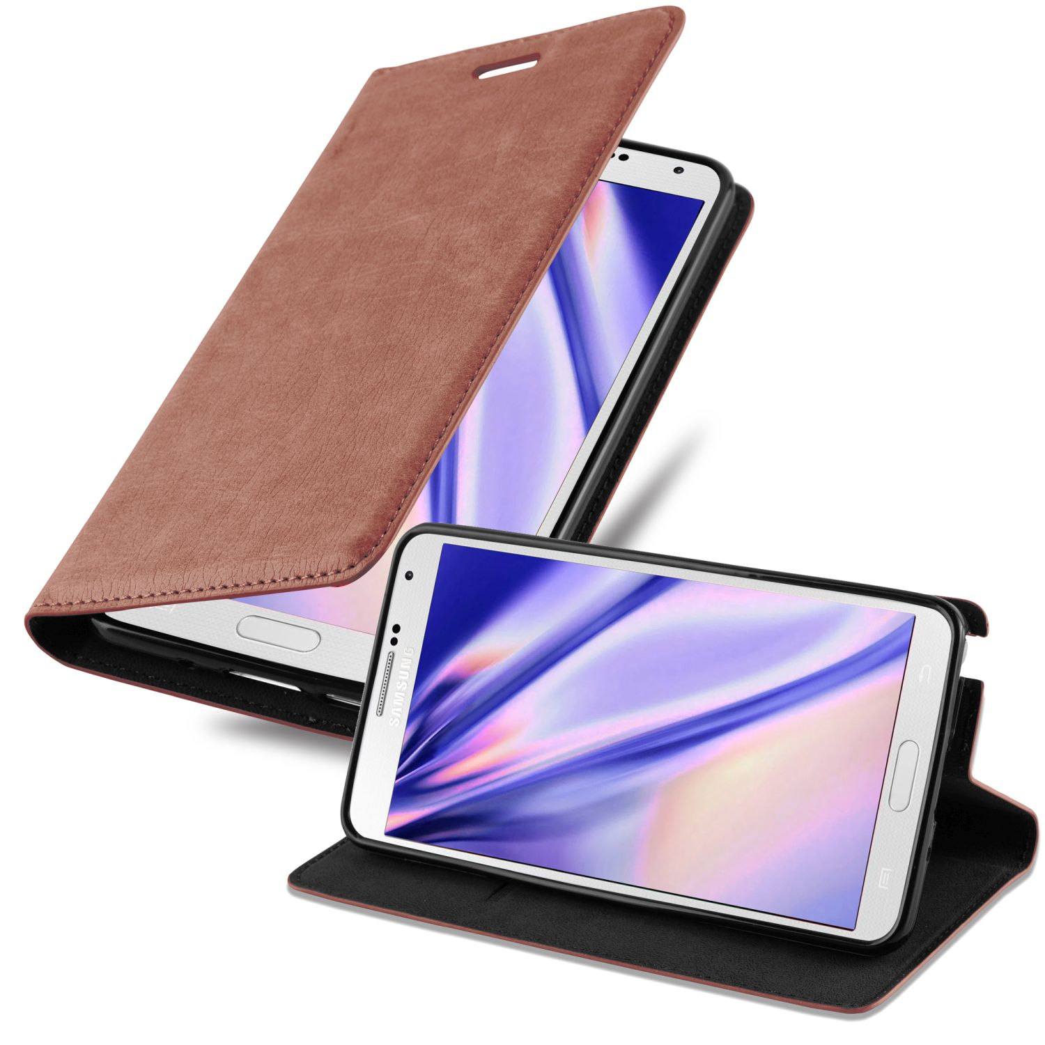 Dos teléfonos en fundas de cuero marrón, uno abierto, otro cerrado, sobre fondo blanco.