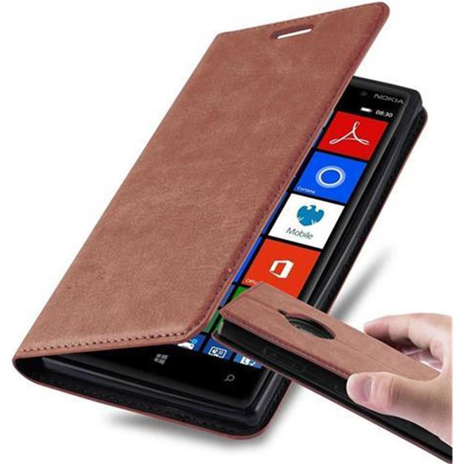 Handyhülle, braun, offen. Telefon angezeigt. Hand hält ein Teil. Weißer Hintergrund.
