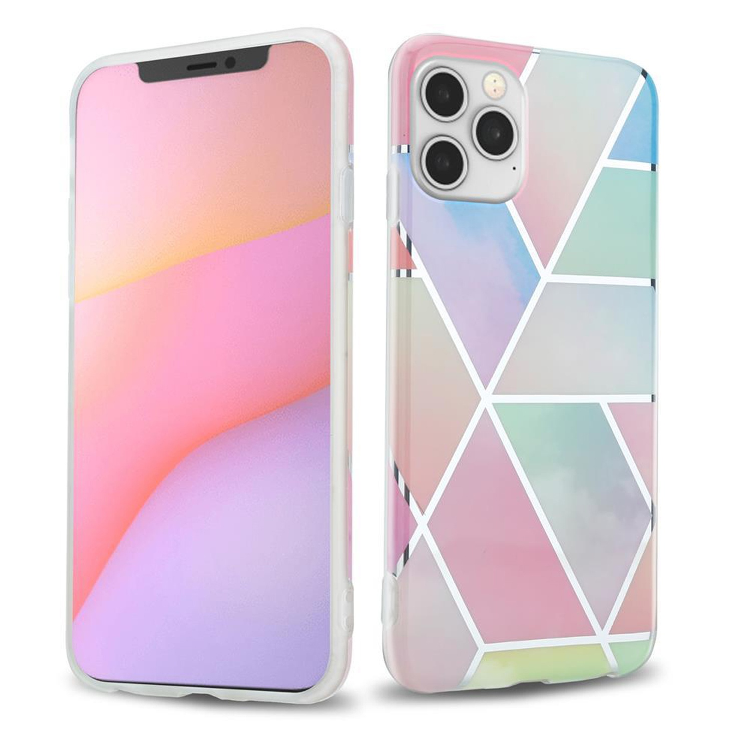 Custodia per telefono con design geometrico colorato. Telefono con schermo visibile. Custodia aperta.