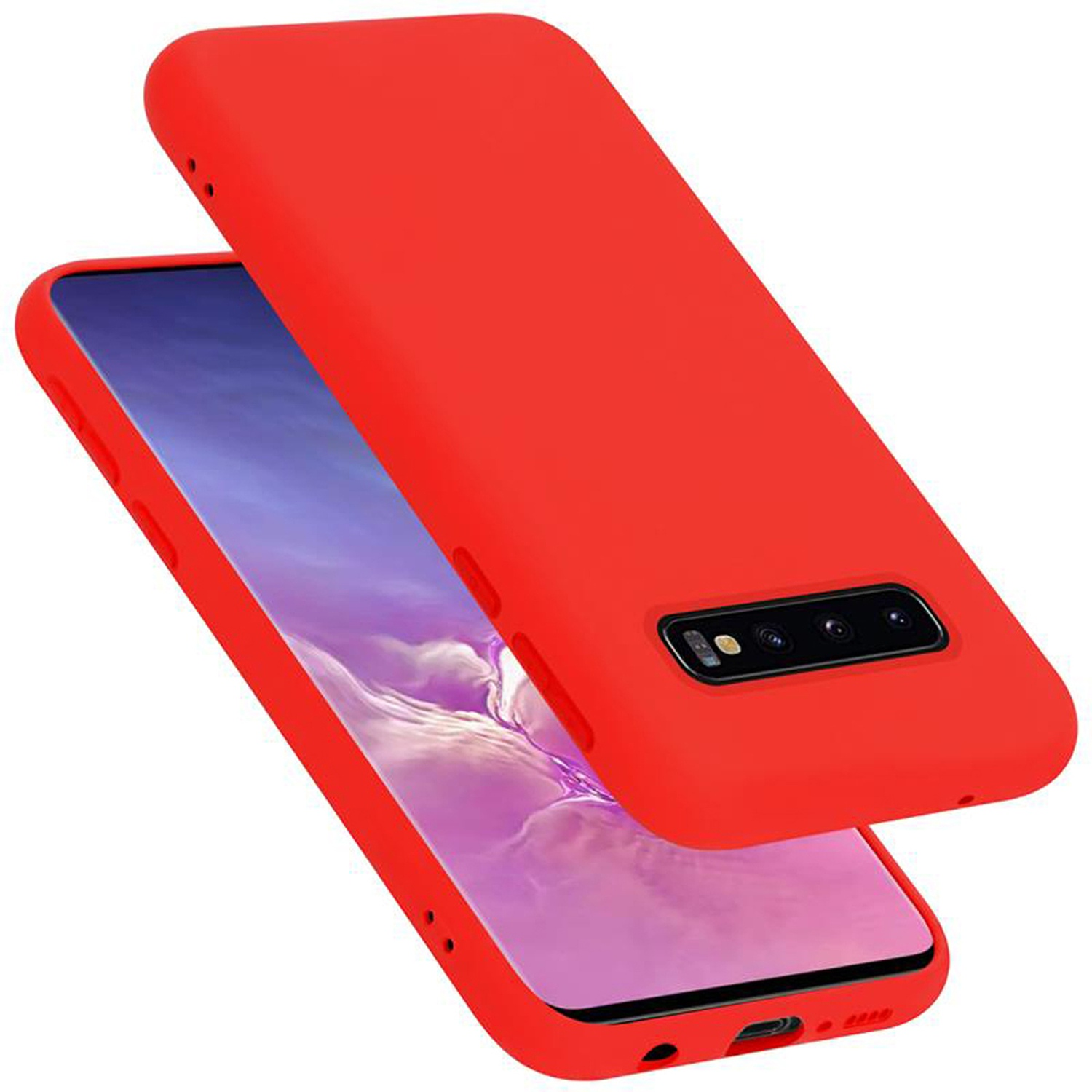Rote Handyhülle und Telefon. Die Hülle ist auf dem Telefon. Das Telefon hat einen Bildschirm.