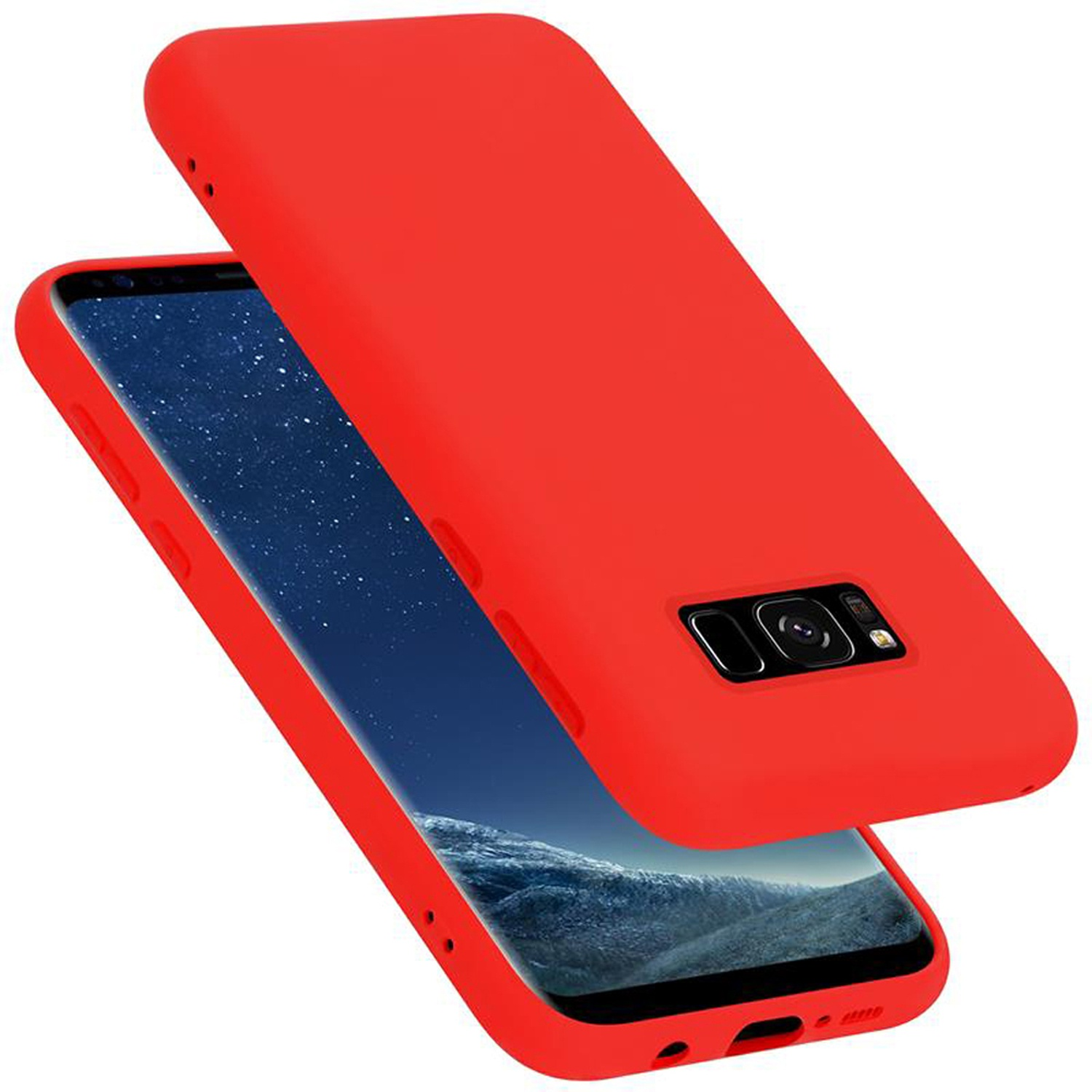 Rote Handyhülle mit sichtbarem Telefon. Die Hülle ist offen.