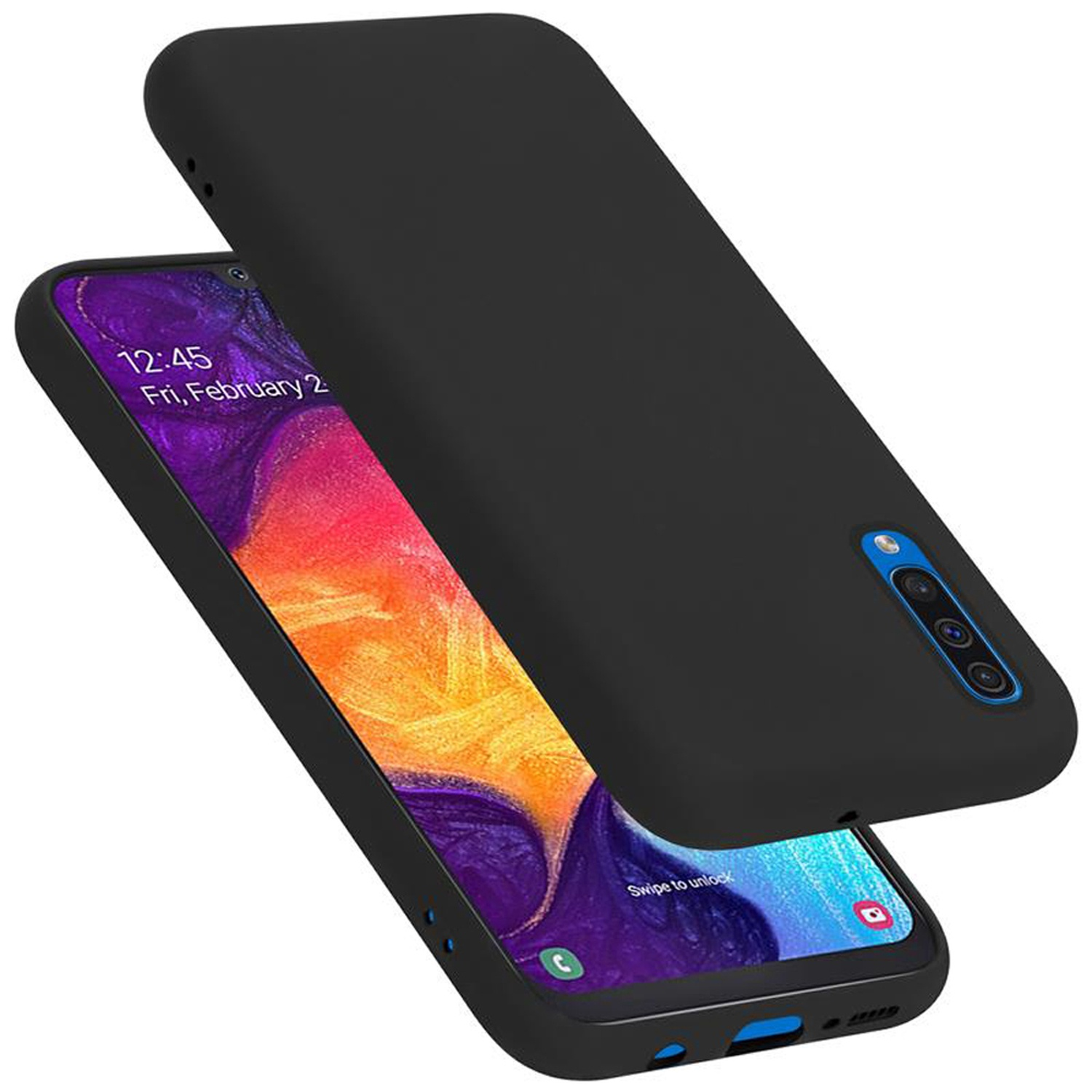 Schwarze Handyhülle über einem Telefon. Die Hülle ist abgenommen.