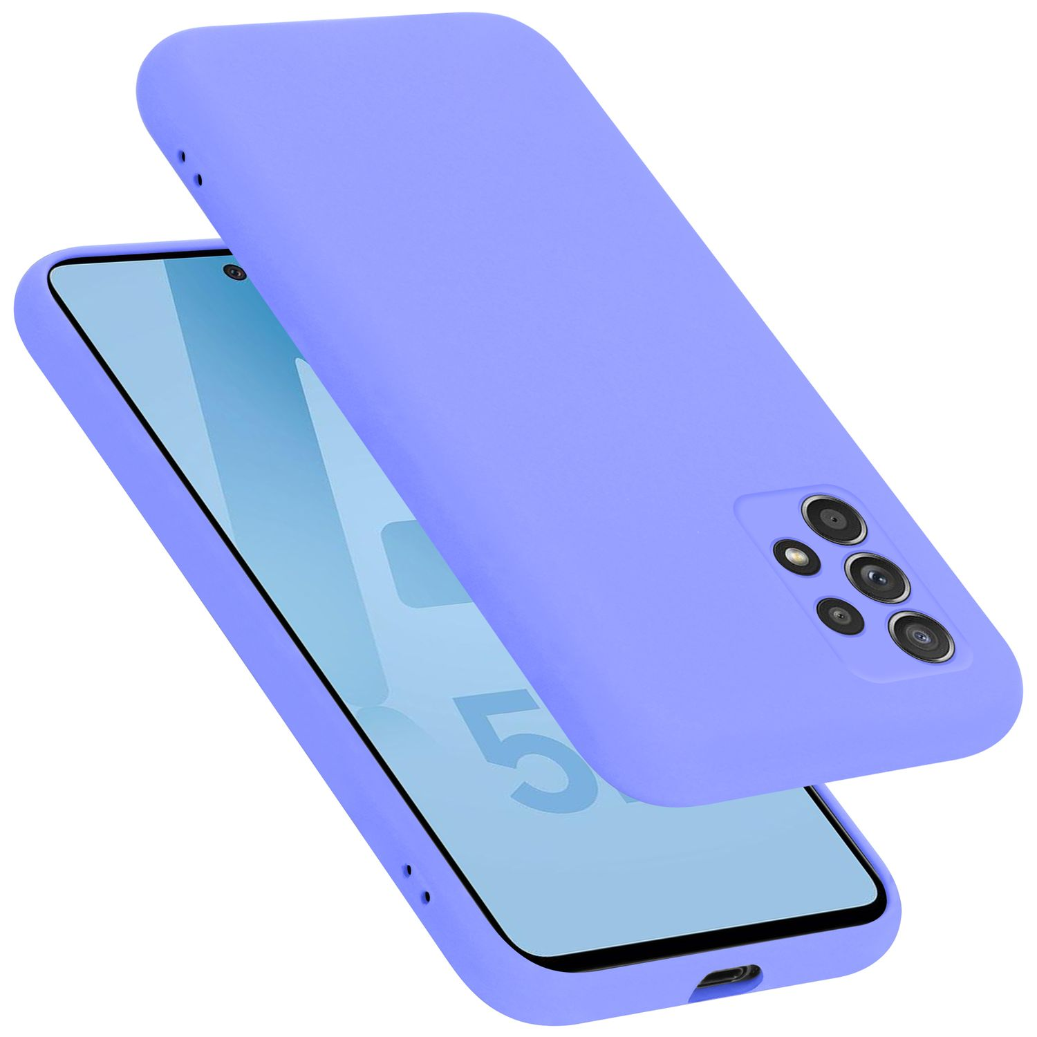 Lila Handyhülle mit einem Telefon. Das Telefon hat einen Bildschirm mit der Nummer 5.