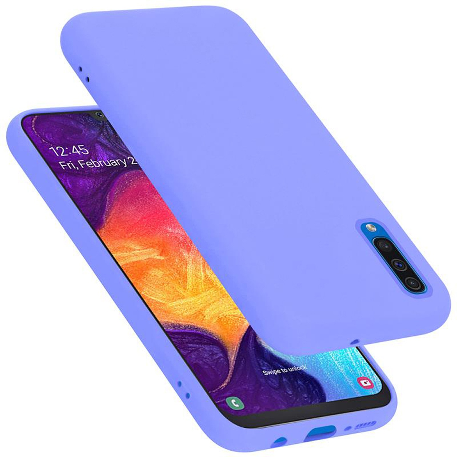 Lila Handyhülle auf einem Telefon. Die Hülle ist offen. Das Telefon zeigt den Bildschirm. Die Hülle ist auf weißem Grund.