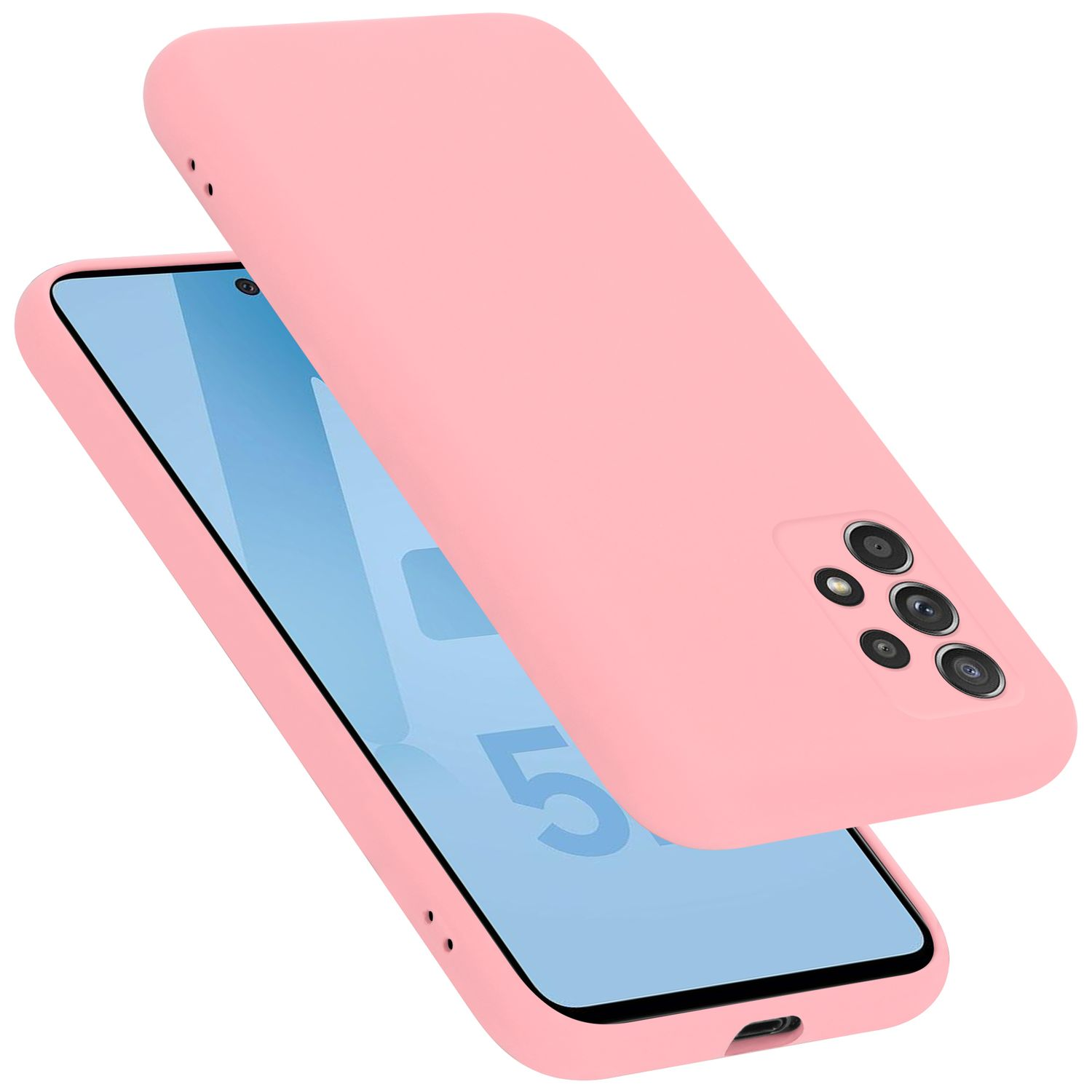 Rosa Handyhülle. Telefon mit sichtbarem Bildschirm. Hülle geöffnet, Telefon sichtbar.
