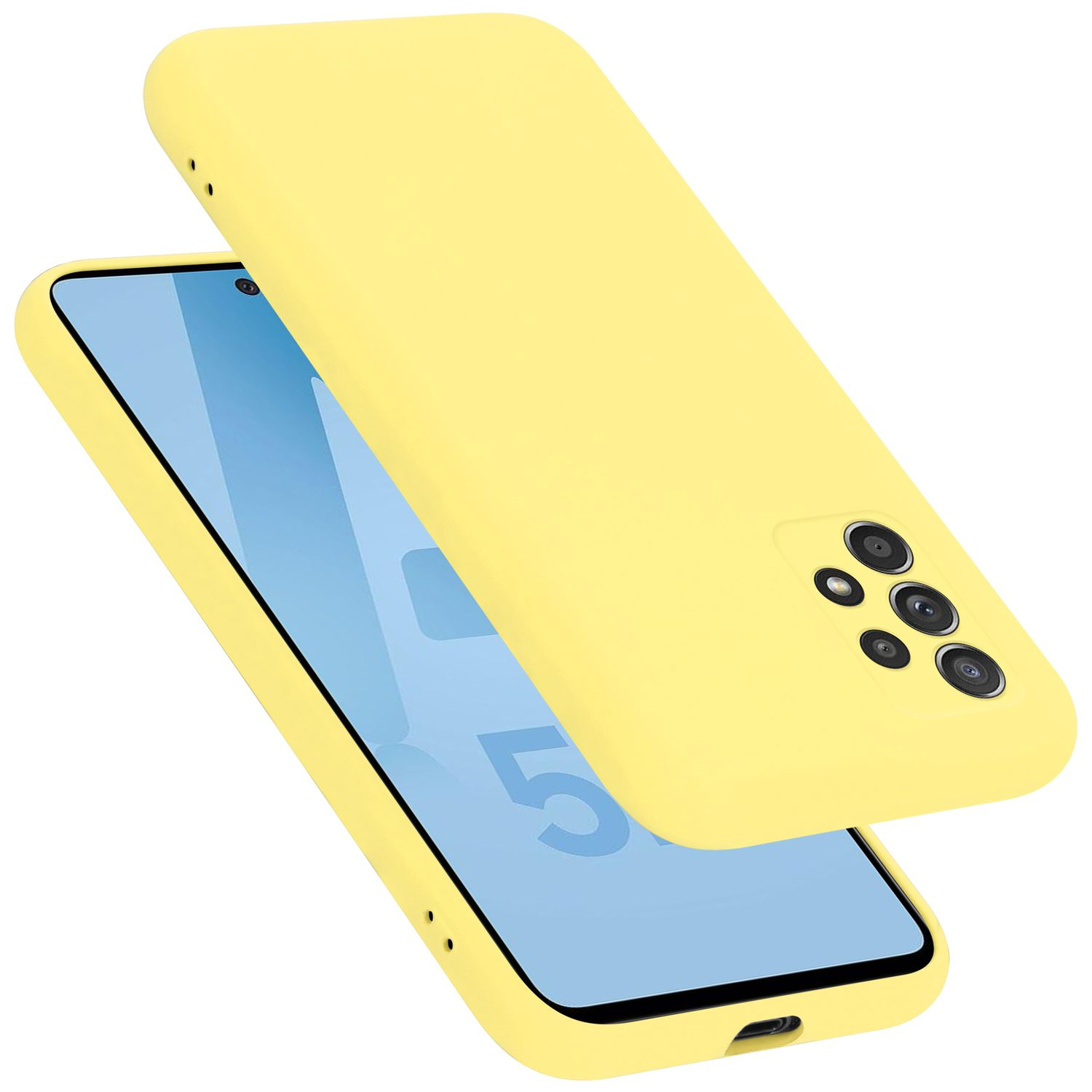Gelbe Handyhülle mit einem Telefon. Eine andere gelbe Hülle schwebt. Das Telefon hat einen blauen Bildschirm.