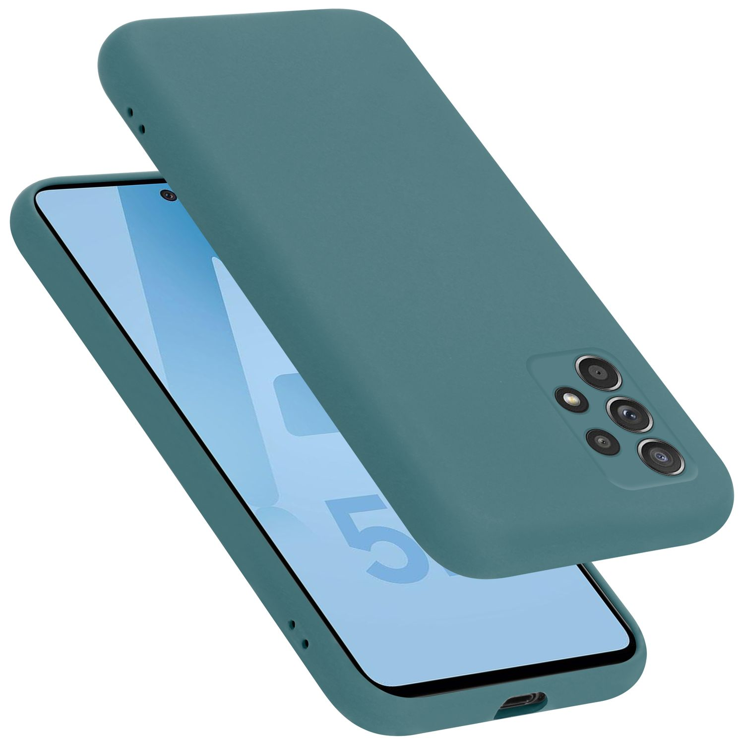 Eine türkisfarbene Handyhülle mit einem teilweise eingelegten Telefon wird gezeigt.
