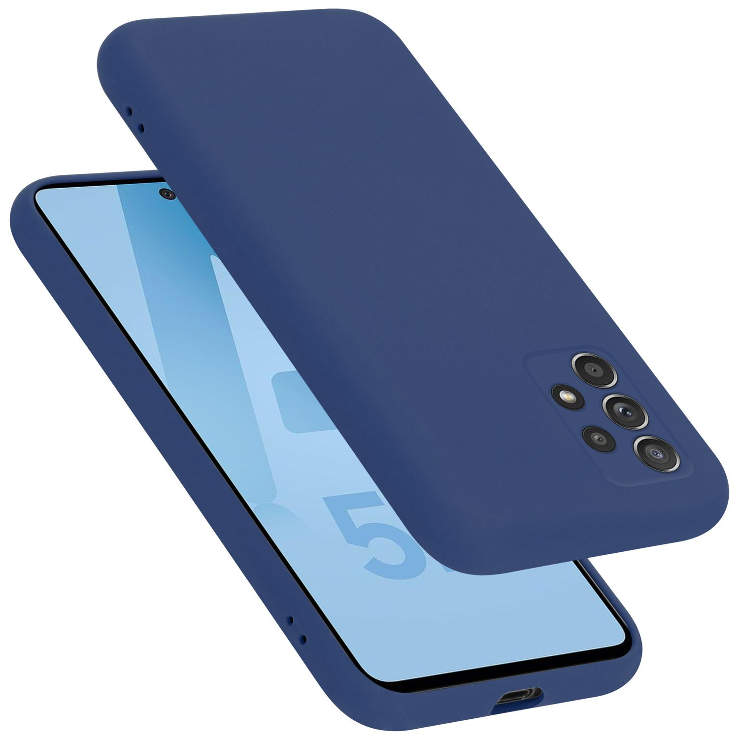 Blaue Handyhülle mit sichtbarem Telefon. Die Hülle ist leicht über dem Telefon.