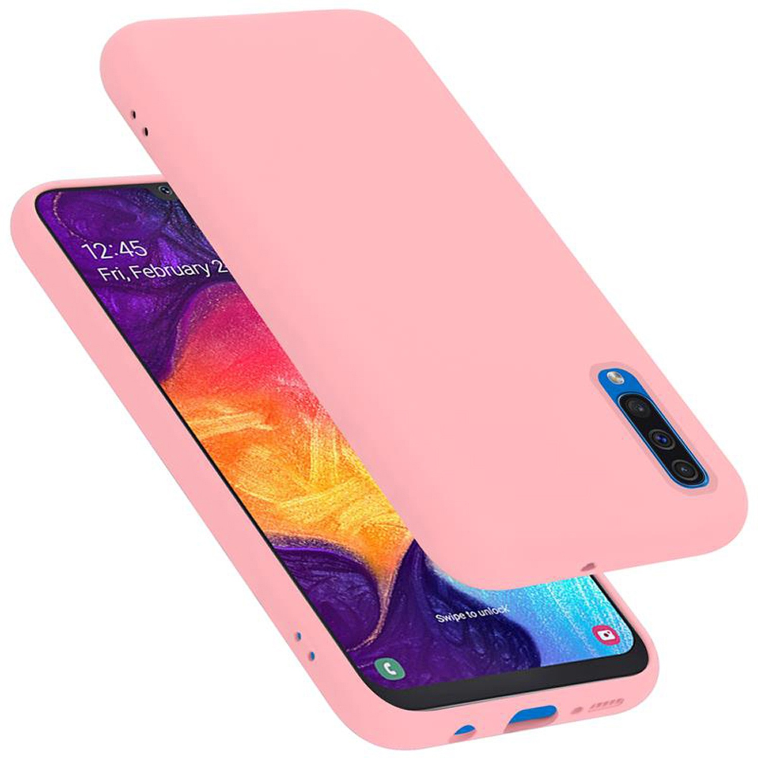 Rosa Handyhülle mit Telefon. Hülle abgewinkelt geöffnet, Telefonbildschirm mit Zeit.