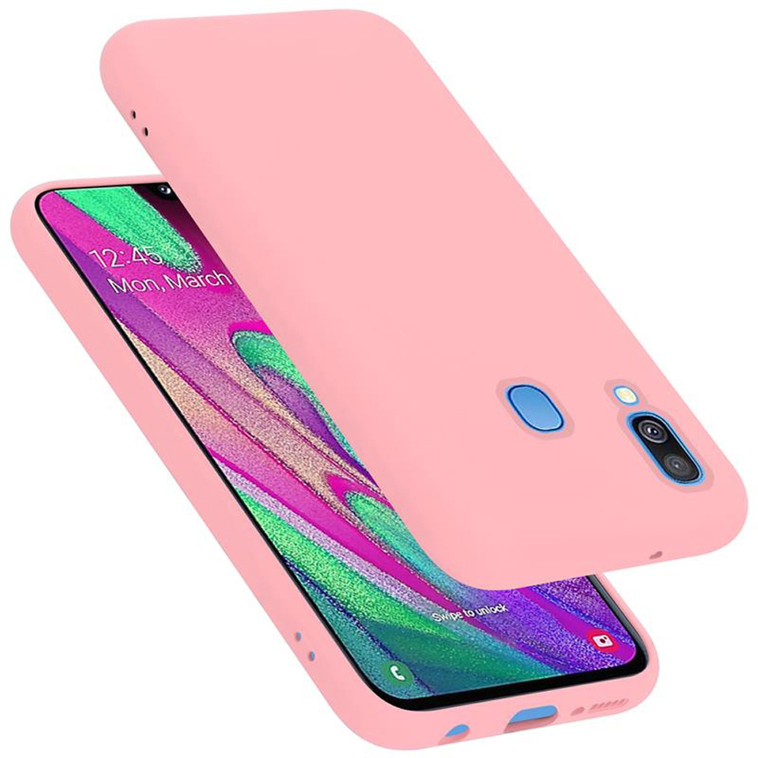 Custodia rosa per telefono con telefono. Lo schermo mostra sfondo colorato e data. Sfondo bianco.