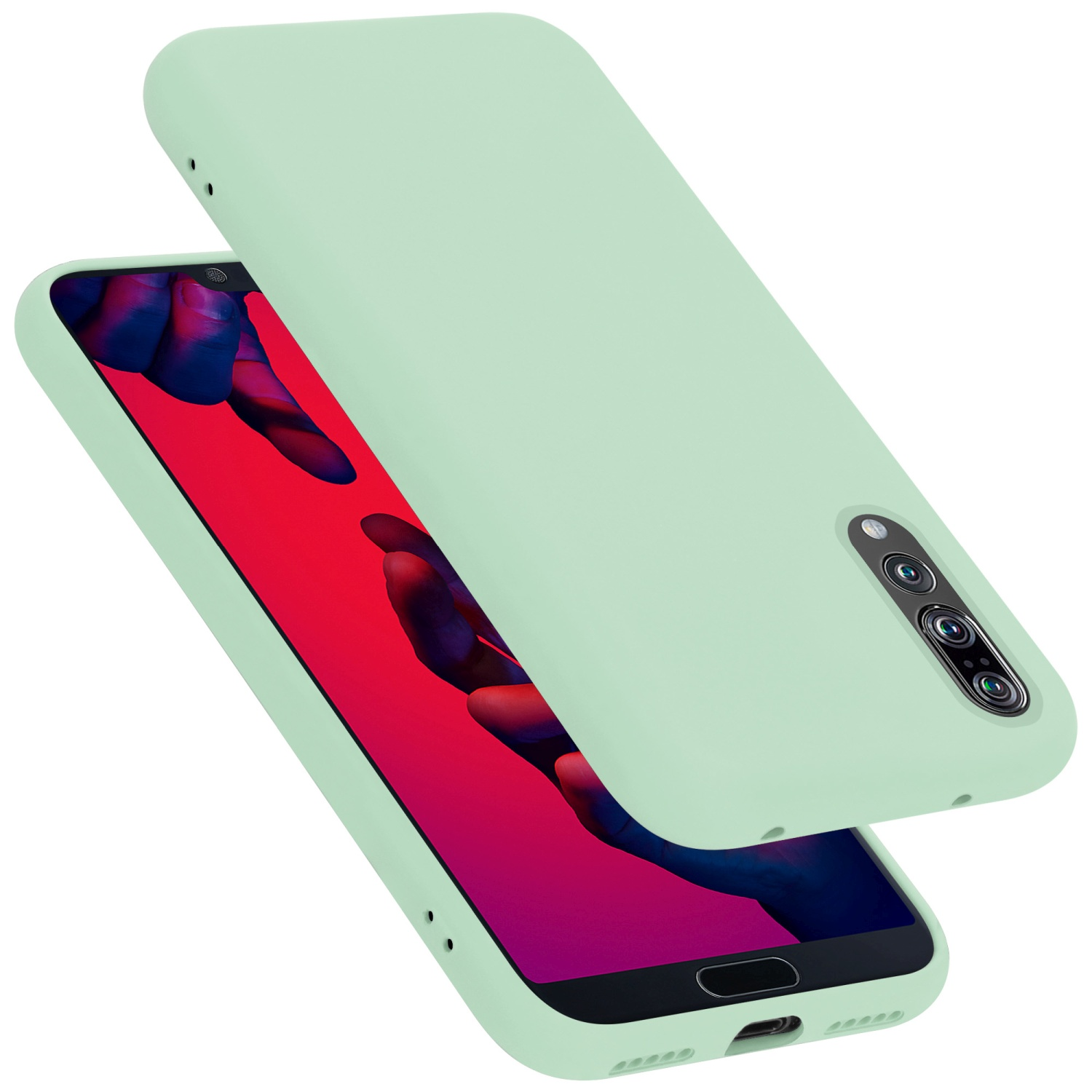 Grüne Handyhülle und Handy. Das Handy ist rot. Es gibt Kameras.