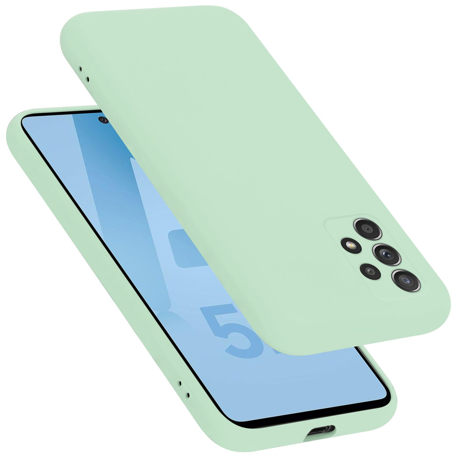 Hellgrüne Handyhülle neben einem Telefon. Der Bildschirm hat ein blaues und weißes Design.