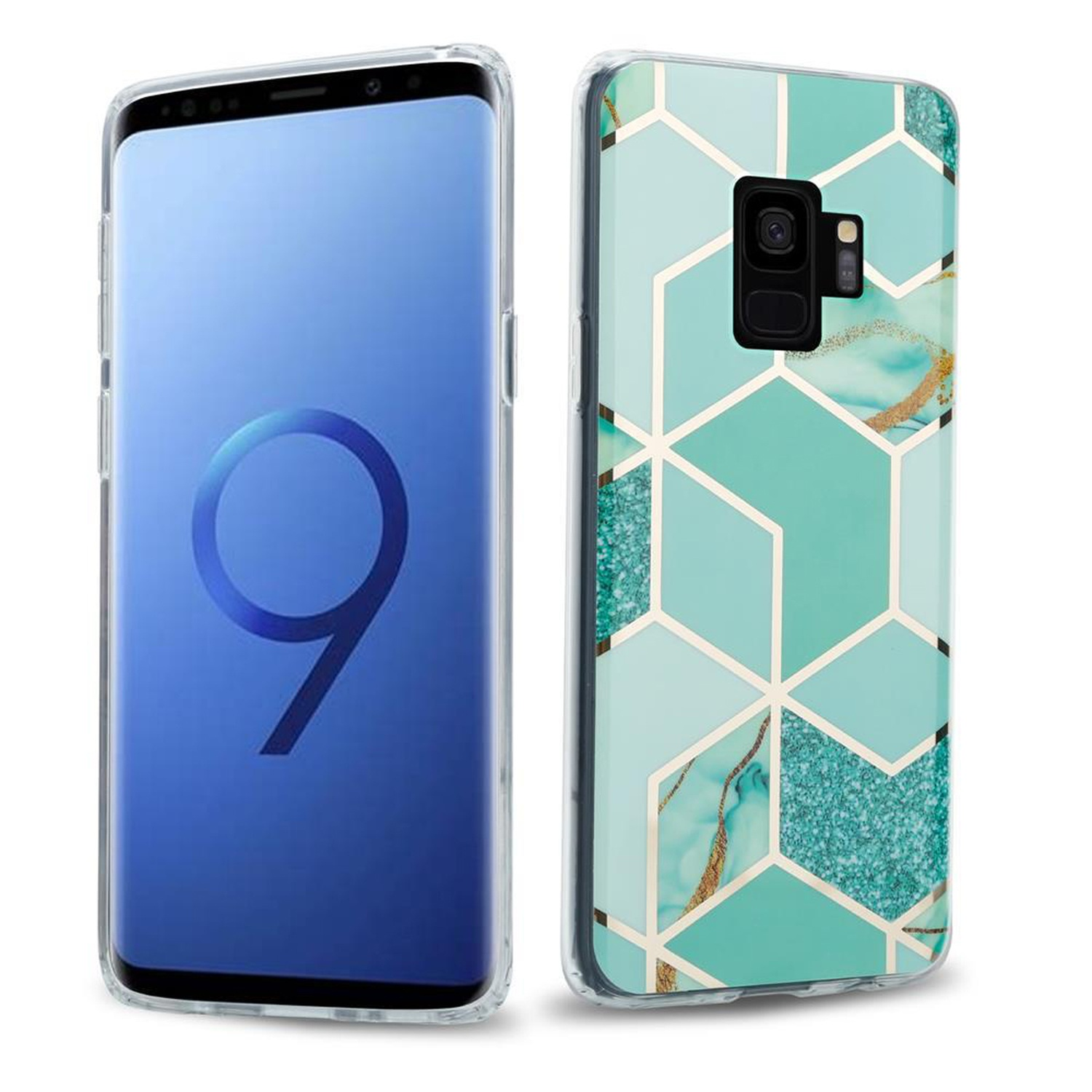 Telefono con custodia, due parti. La cover posteriore ha un design geometrico. Bianco.