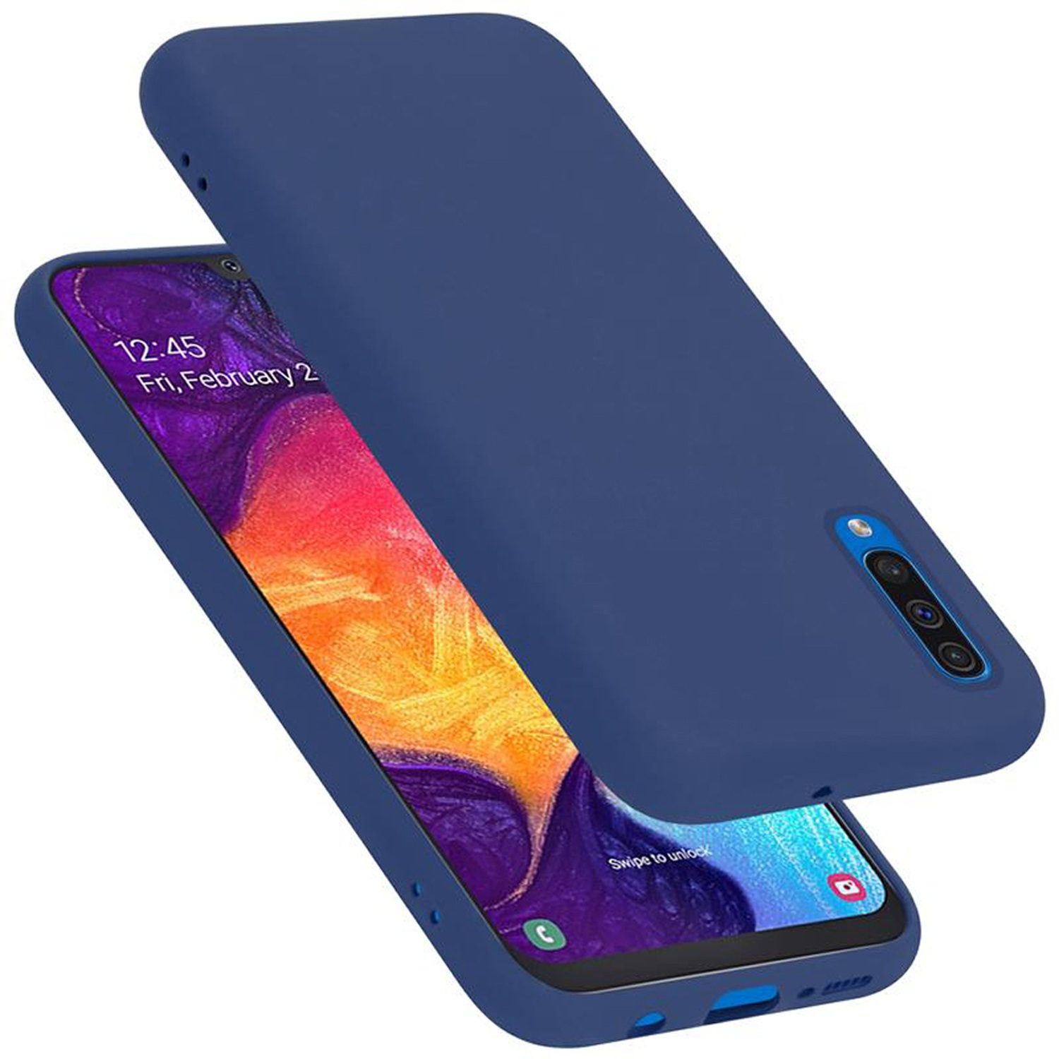 Blaue Handyhülle mit Telefon. Hülle abgewinkelt geöffnet, Telefonbildschirm mit Zeit.