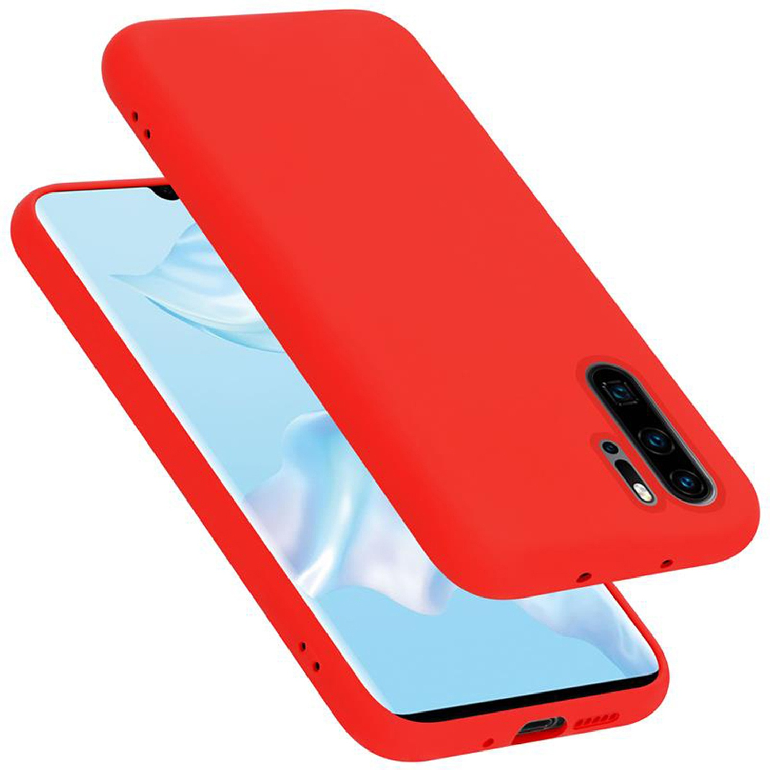 Rote Handyhülle und Telefon. Die Hülle ist auf dem Telefon. Das Telefon hat einen Bildschirm.