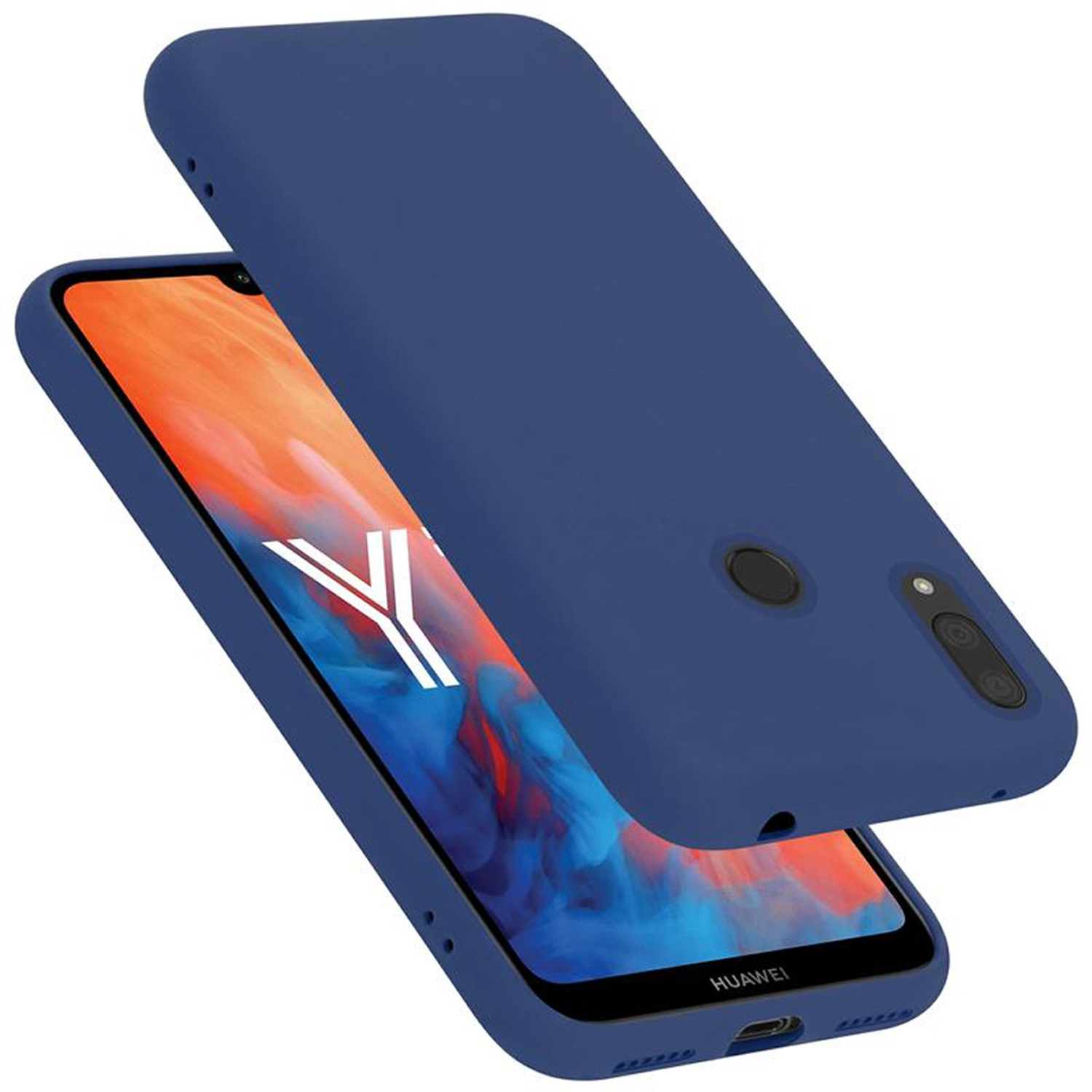 Blaue Handyhülle, mit dem Telefon darin. Die Hülle bedeckt die Rückseite des Telefons.