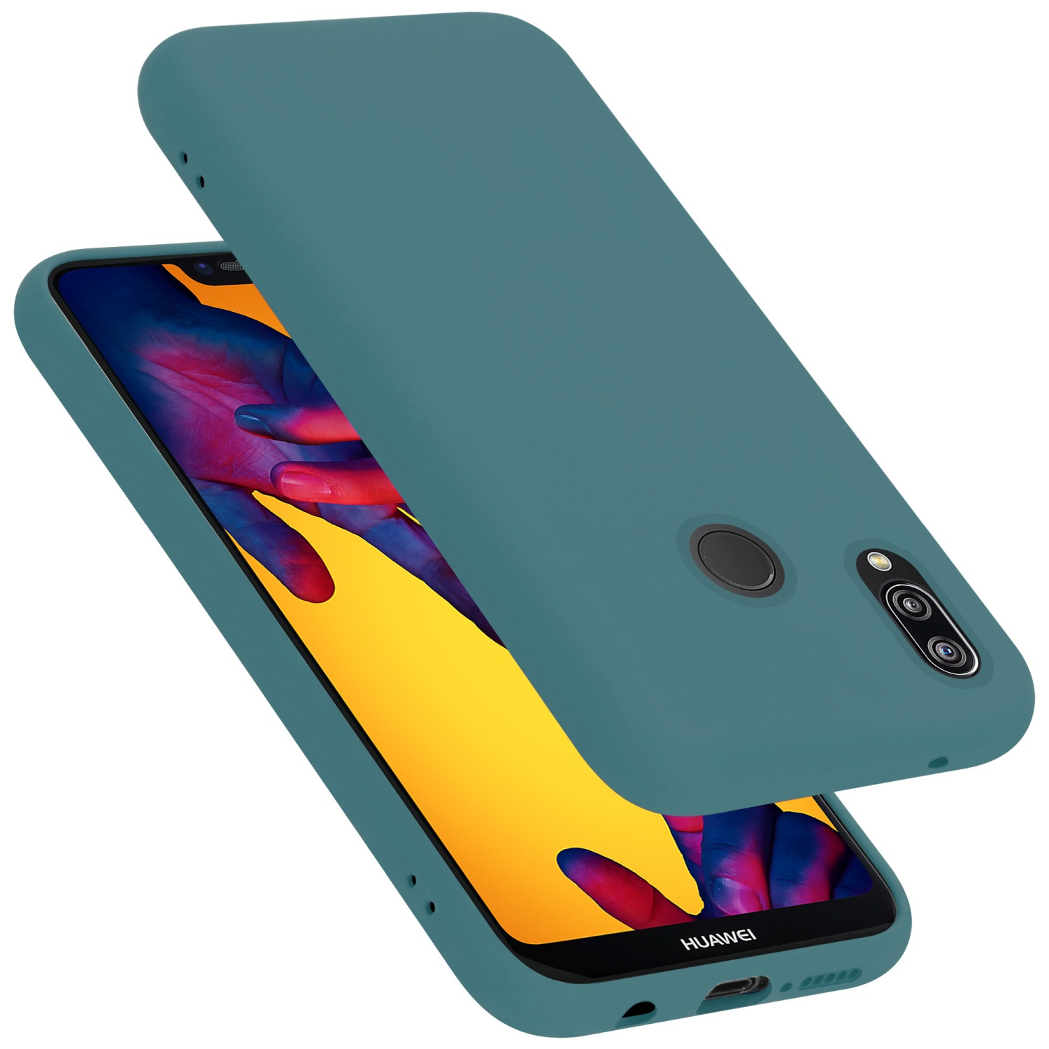 Türkisfarbene Handyhülle mit Telefon darin. Geöffnet, zeigt den Bildschirm.