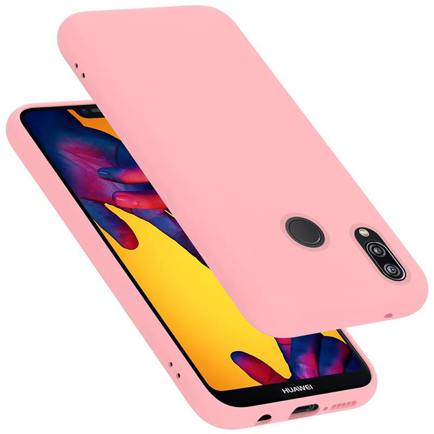Rosa Handyhülle und Handy. Der Bildschirm ist sichtbar. Kameras am Handy.
