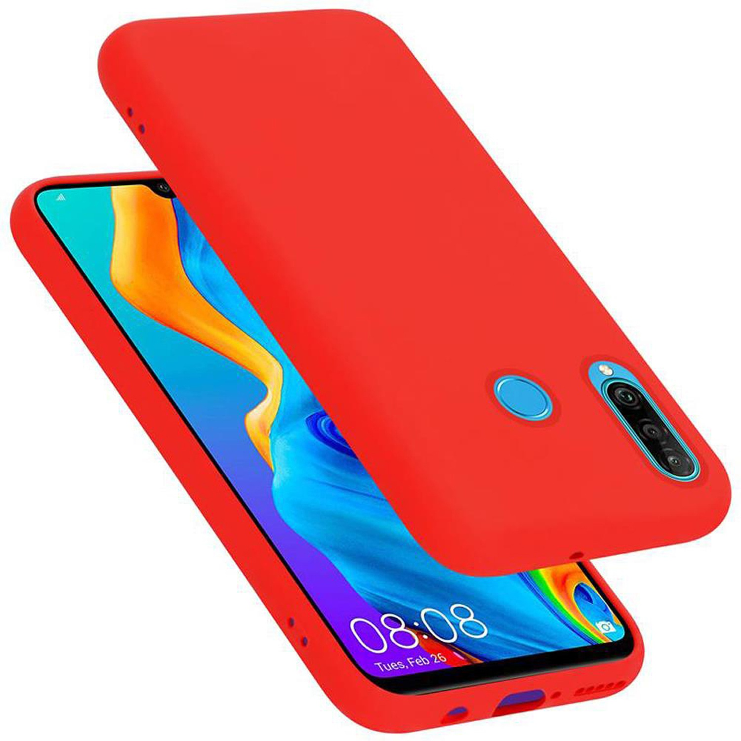 Custodia rossa per telefono e telefono. Il telefono mostra l'ora. Le fotocamere sono visibili.