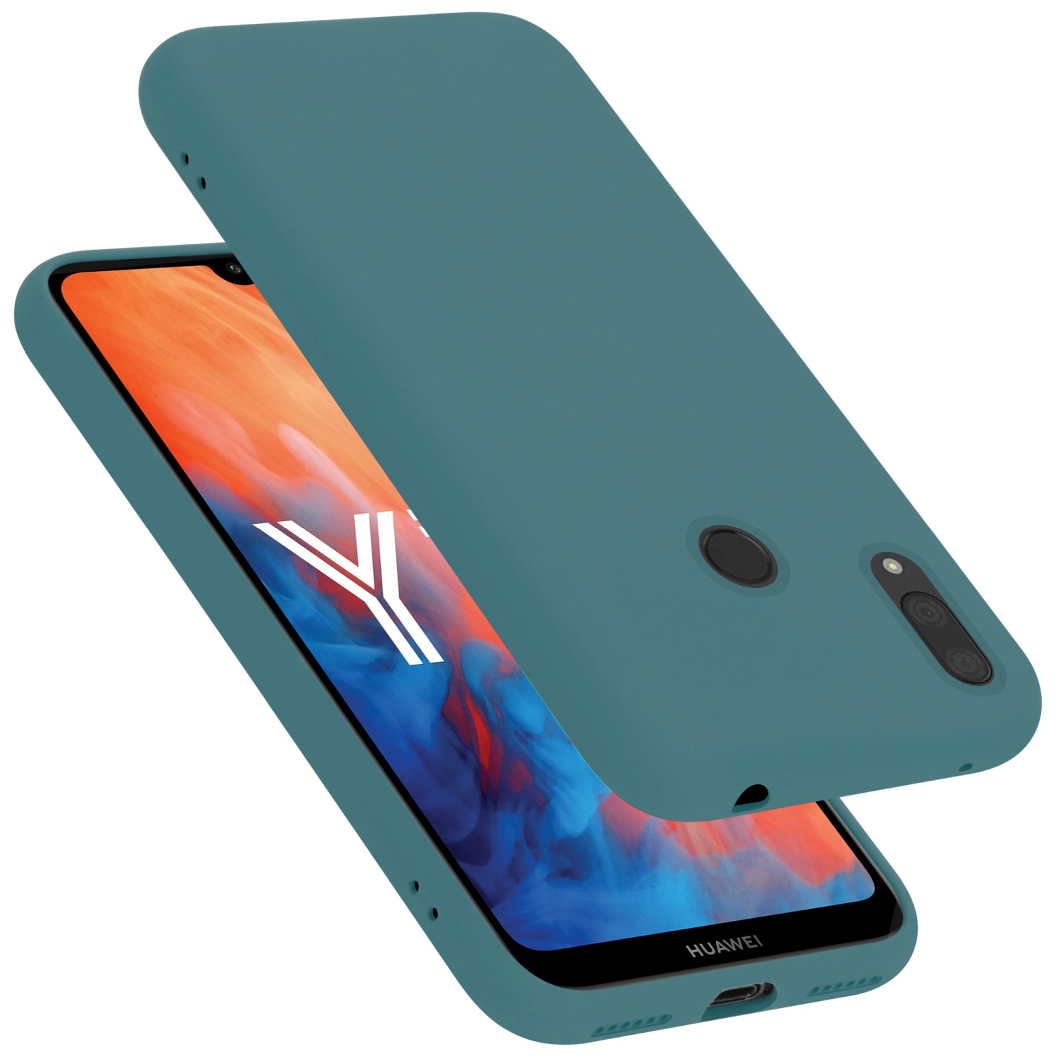 Türkisfarbene Handyhülle neben einem Telefon. Der Bildschirm zeigt ein Design mit blauen und roten Farben.