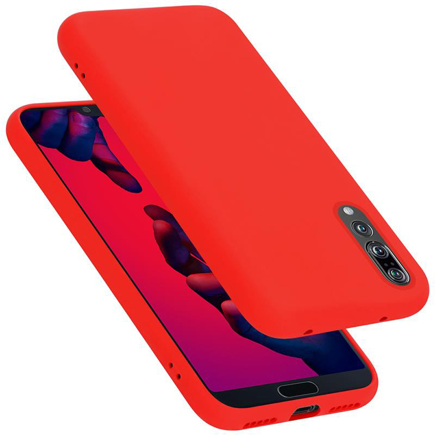 Rote Handyhülle neben einem Telefon. Der Telefonbildschirm ist rot und hat ein verschwommenes Design.