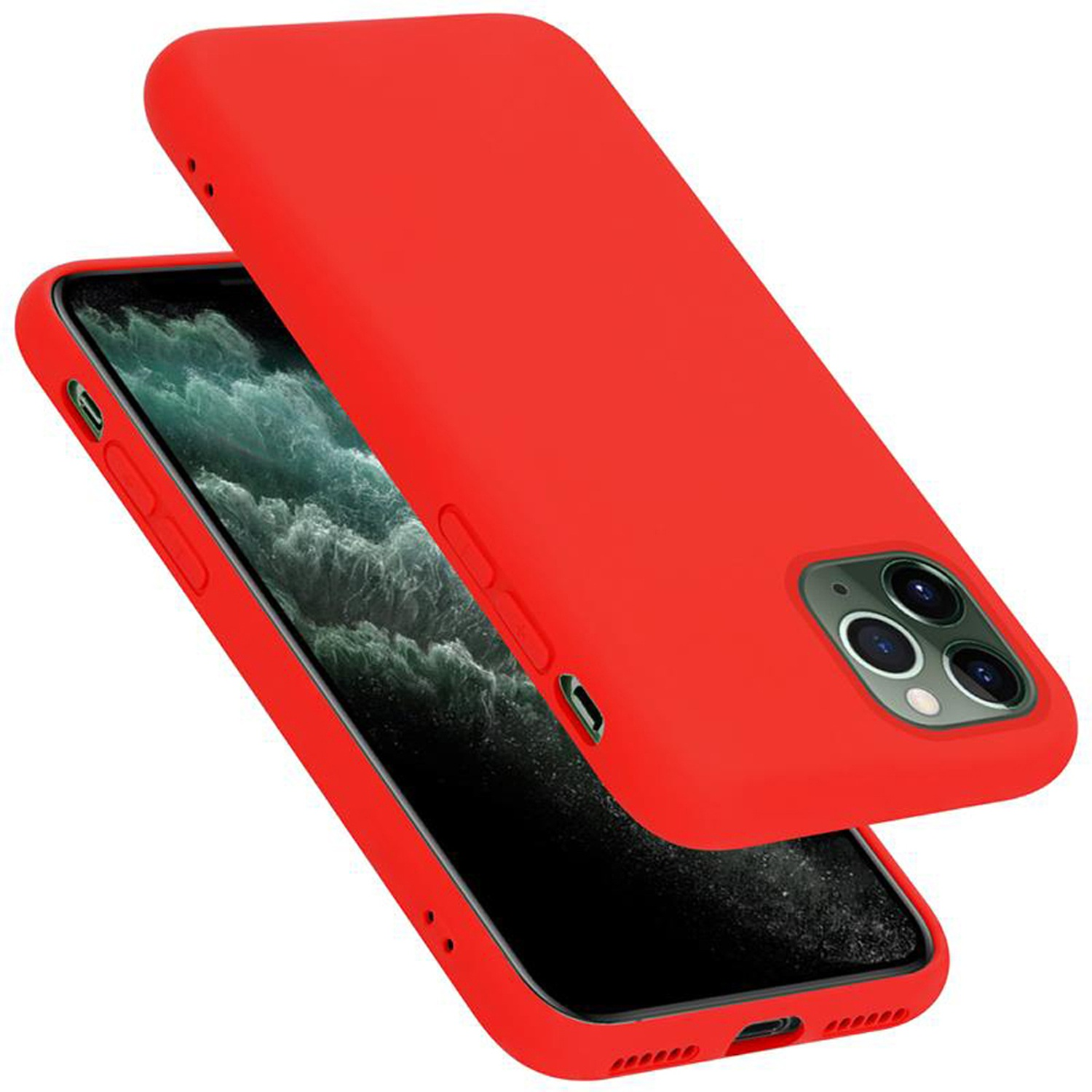 Rote Handyhülle mit Telefon. Die hintere Hülle schwebt darüber.
