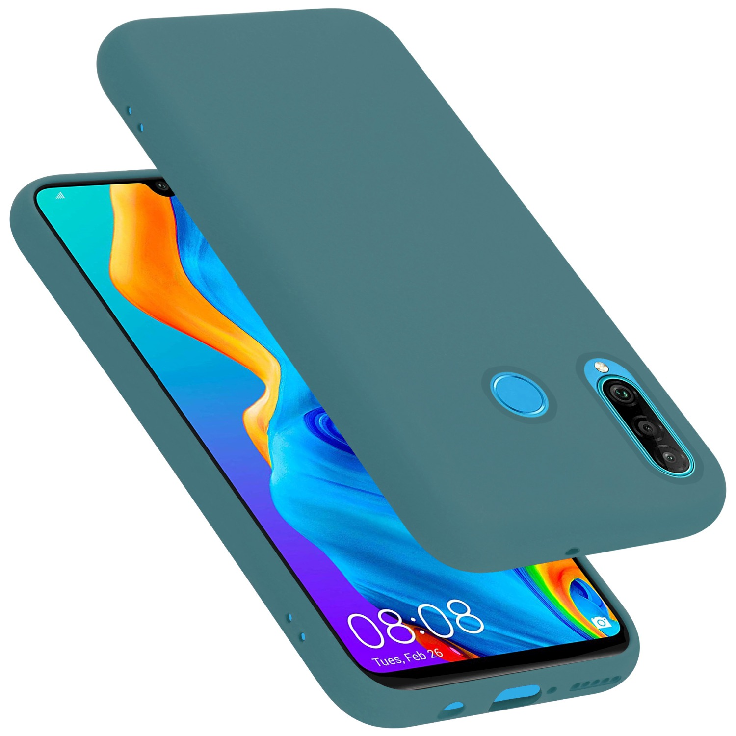 Una custodia per telefono color verde acqua con un telefono all'interno. Lo schermo del telefono mostra l'ora.