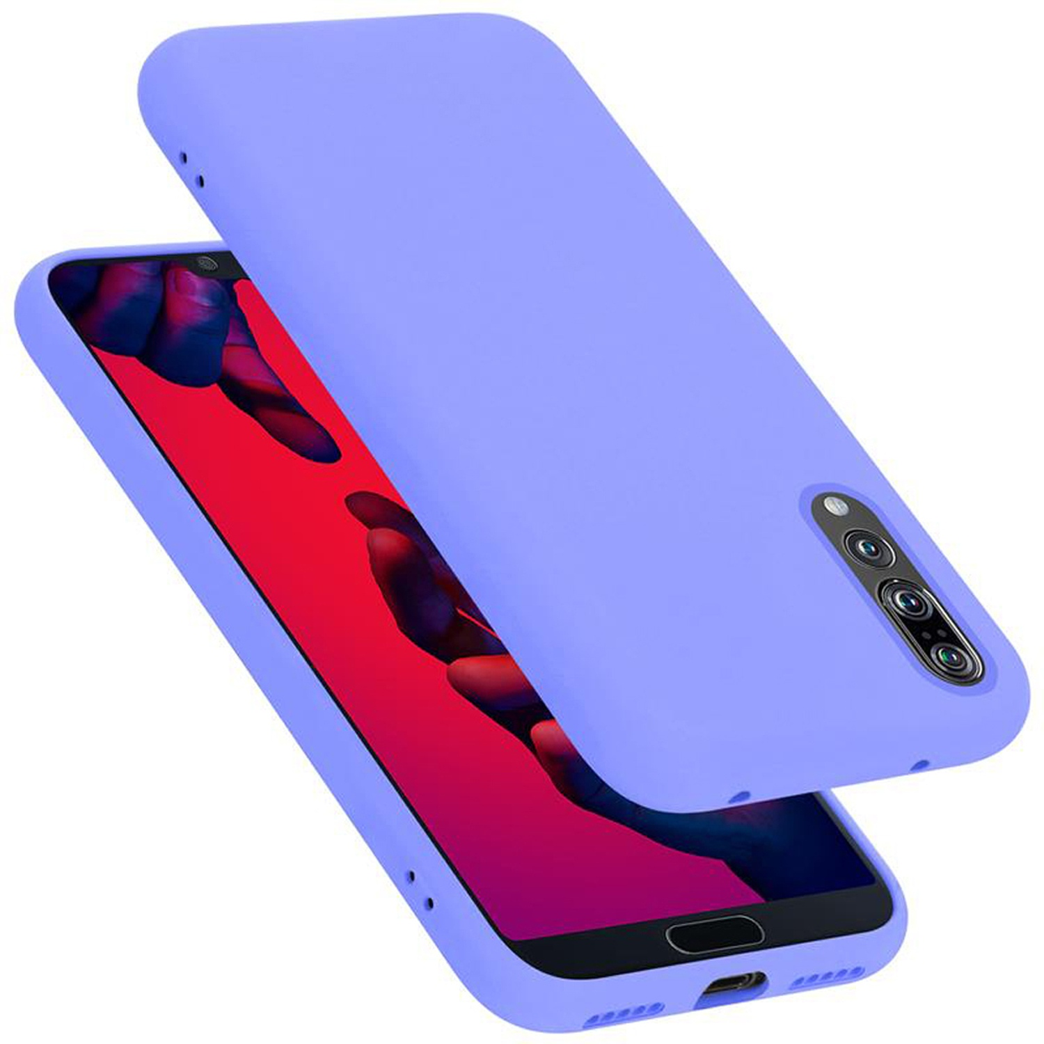 Lila Handyhülle neben einem Telefon. Der Telefonbildschirm ist blau. Der Hintergrund ist weiß.