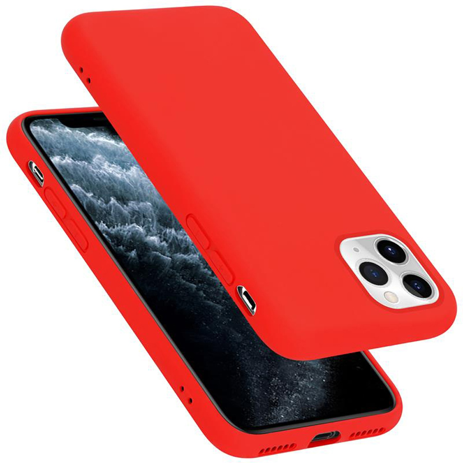 Una custodia rossa è esposta con il telefono. La custodia è leggermente separata dal telefono.
