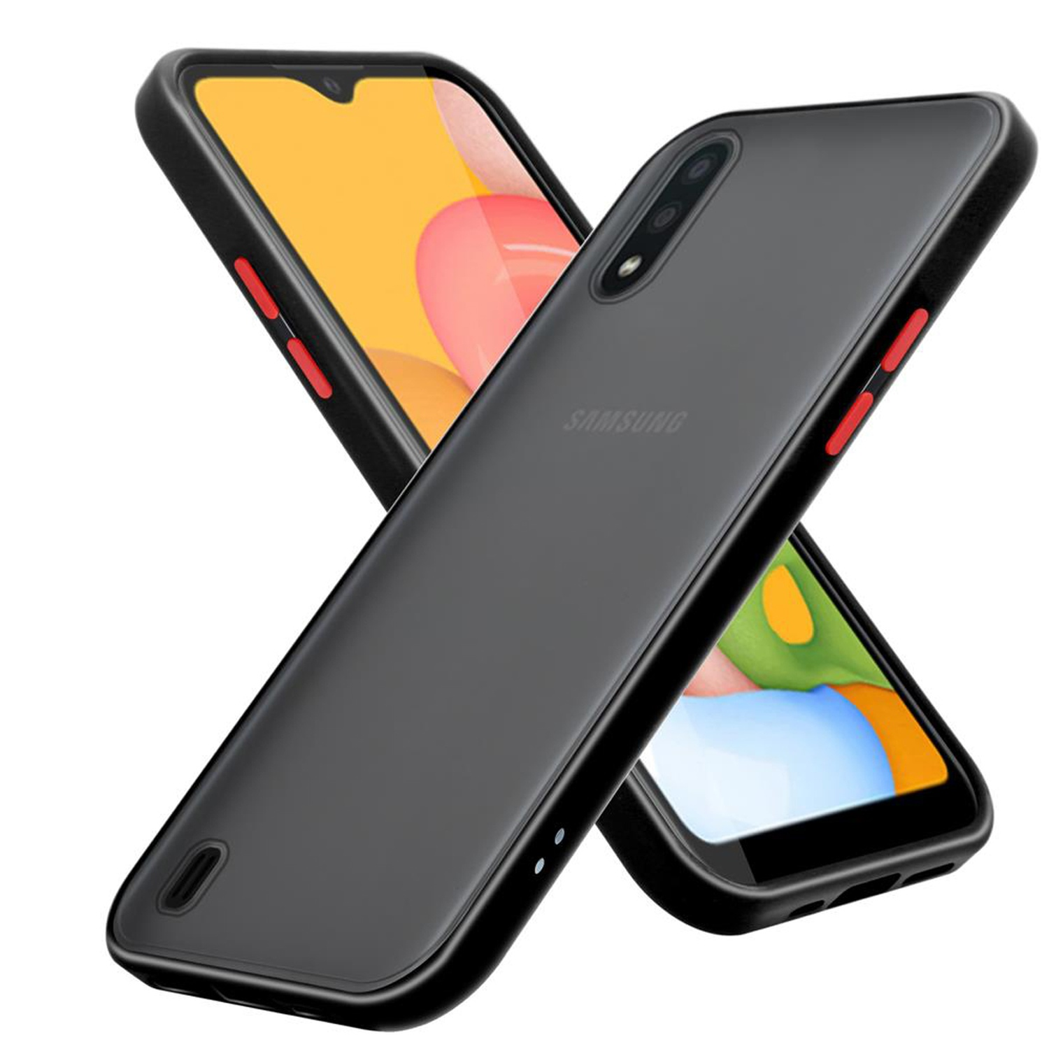 Zwei Telefone in schwarzen Hüllen. Eines ist angewinkelt, das andere dahinter. Samsung ist auf dem Telefon gedruckt.