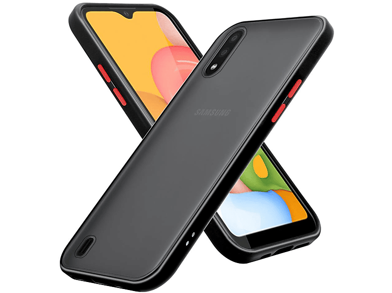 A01, Rückseite, Tasten und Samsung, matter CADORABO - Matt Silikon Hybrid mit Schwarz Rote TPU Innenseite Hülle Kunststoff Schutzhülle Backcover, Galaxy