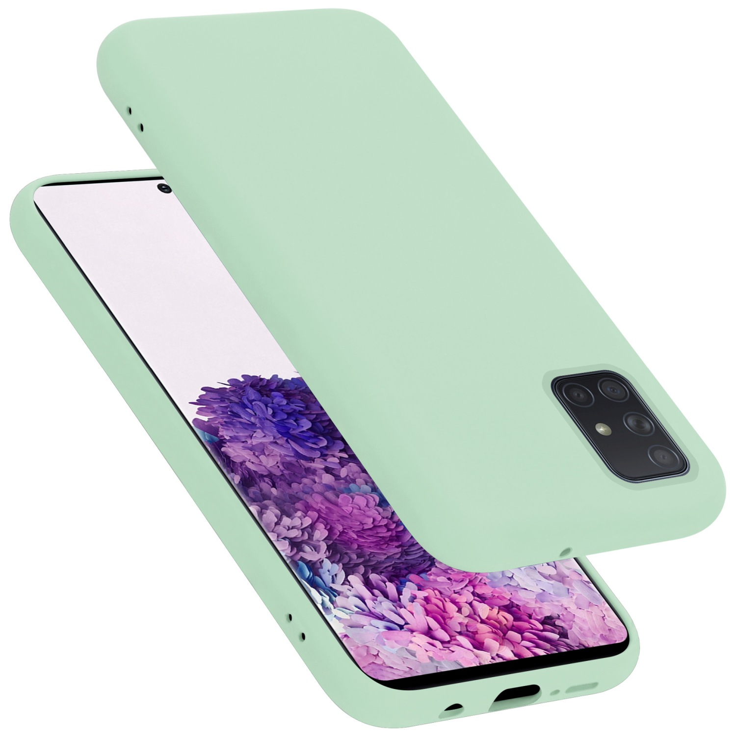 Telefono verde menta con custodia verde menta. La custodia è leggermente aperta. Schermo viola.