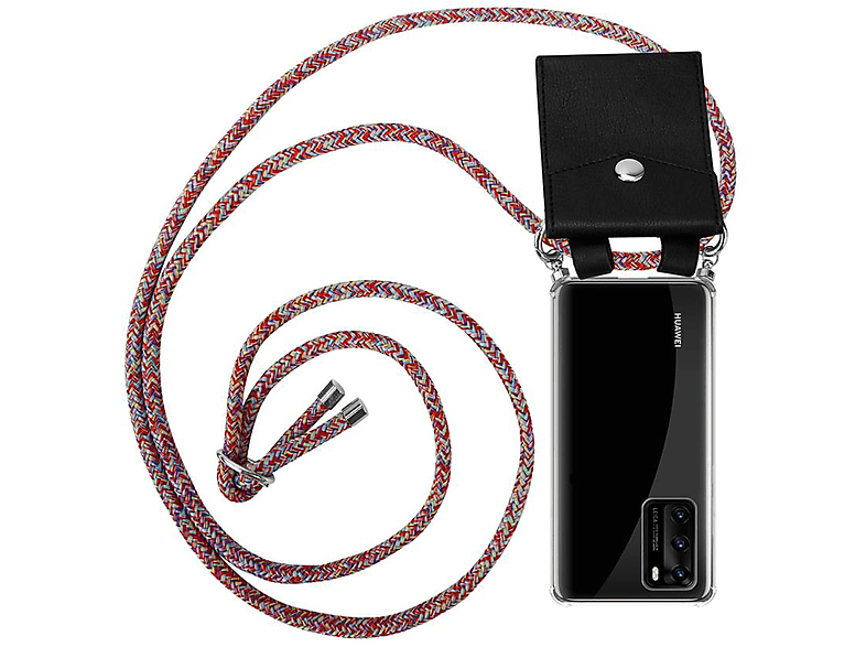 CADORABO Handy Kette mit Silber Ringen, Kordel Band und abnehmbarer Hülle, Backcover, Huawei, P40, COLORFUL PARROT