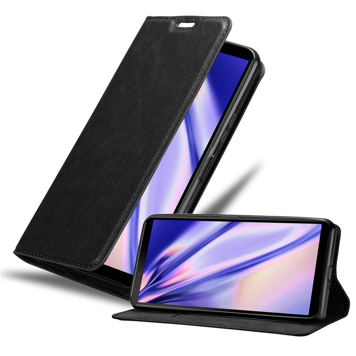 Custodia per telefono in pelle nera con telefono all'interno. La custodia è aperta. Lo schermo del telefono è visibile. Sfondo bianco.