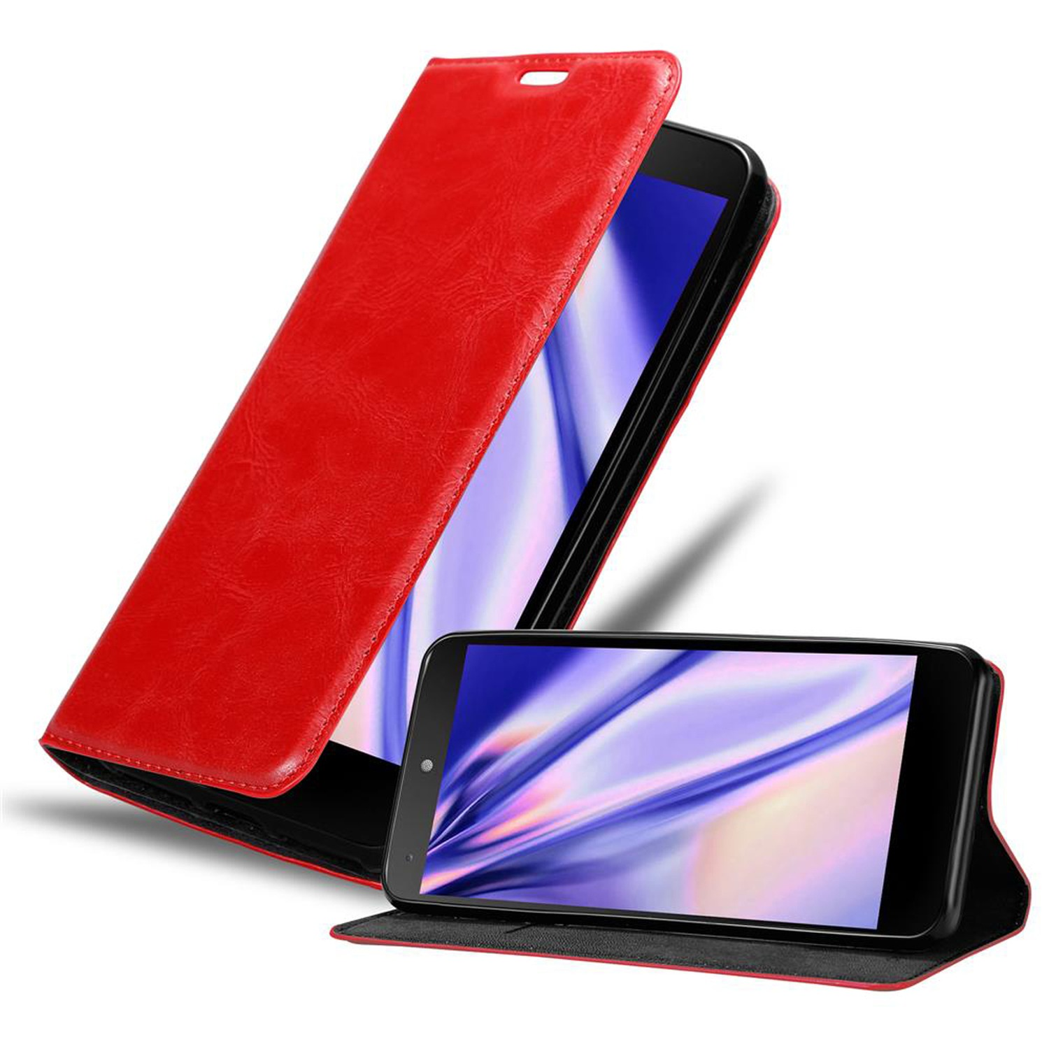 Funda roja para teléfono con teléfono dentro. La funda está abierta y tiene tapa roja.