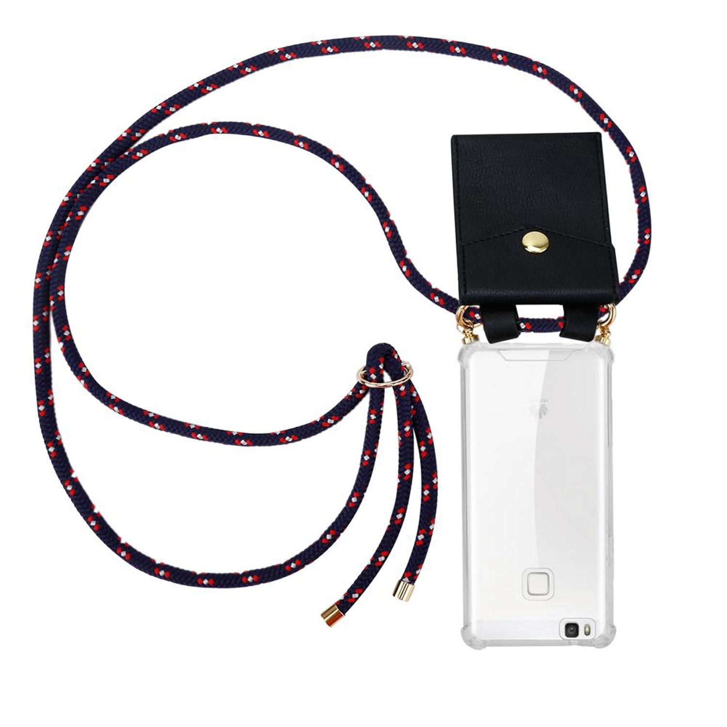 Handyhülle mit marineblau-roter Kordel. Schwarzes Etui und Telefon hängen an der Kordel.