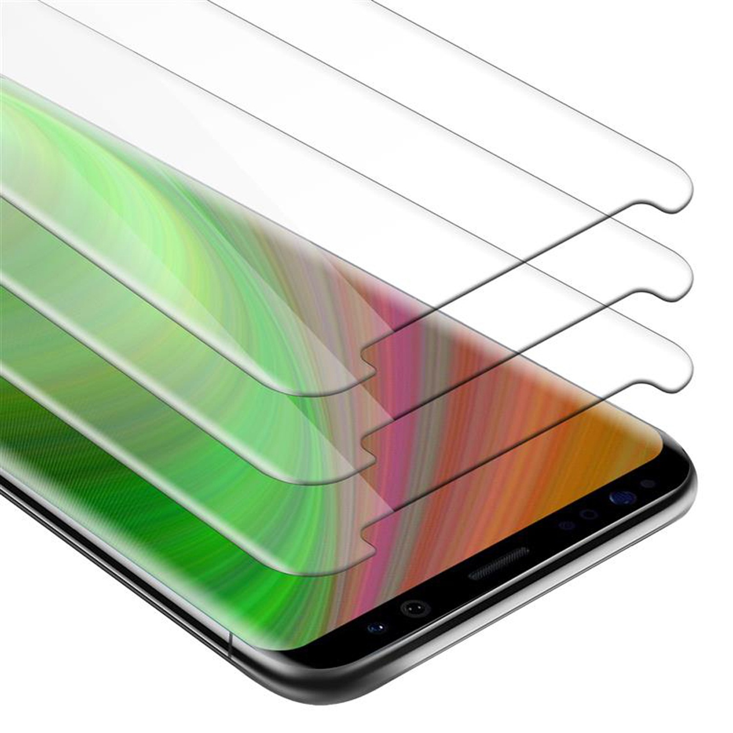 Schermi del telefono. Tre protezioni schermo sovrapposte su uno schermo del telefono. Grafica colorata visibile.