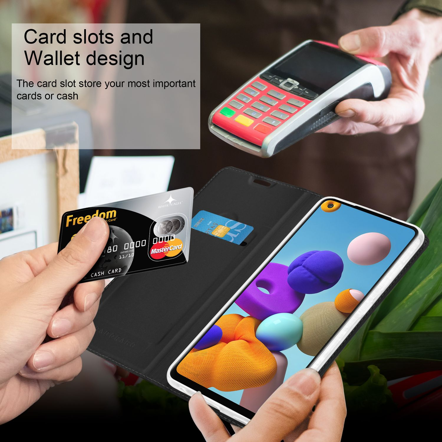 Un telefono in una custodia a portafoglio con carte di credito e un terminale di pagamento sullo sfondo.