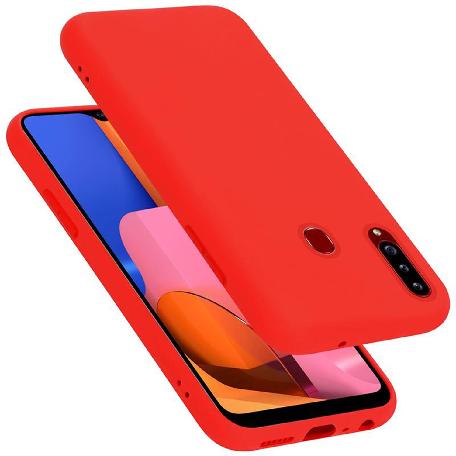 Due custodie rosse per telefono, una sopra l'altra, con un telefono che mostra uno schermo colorato.