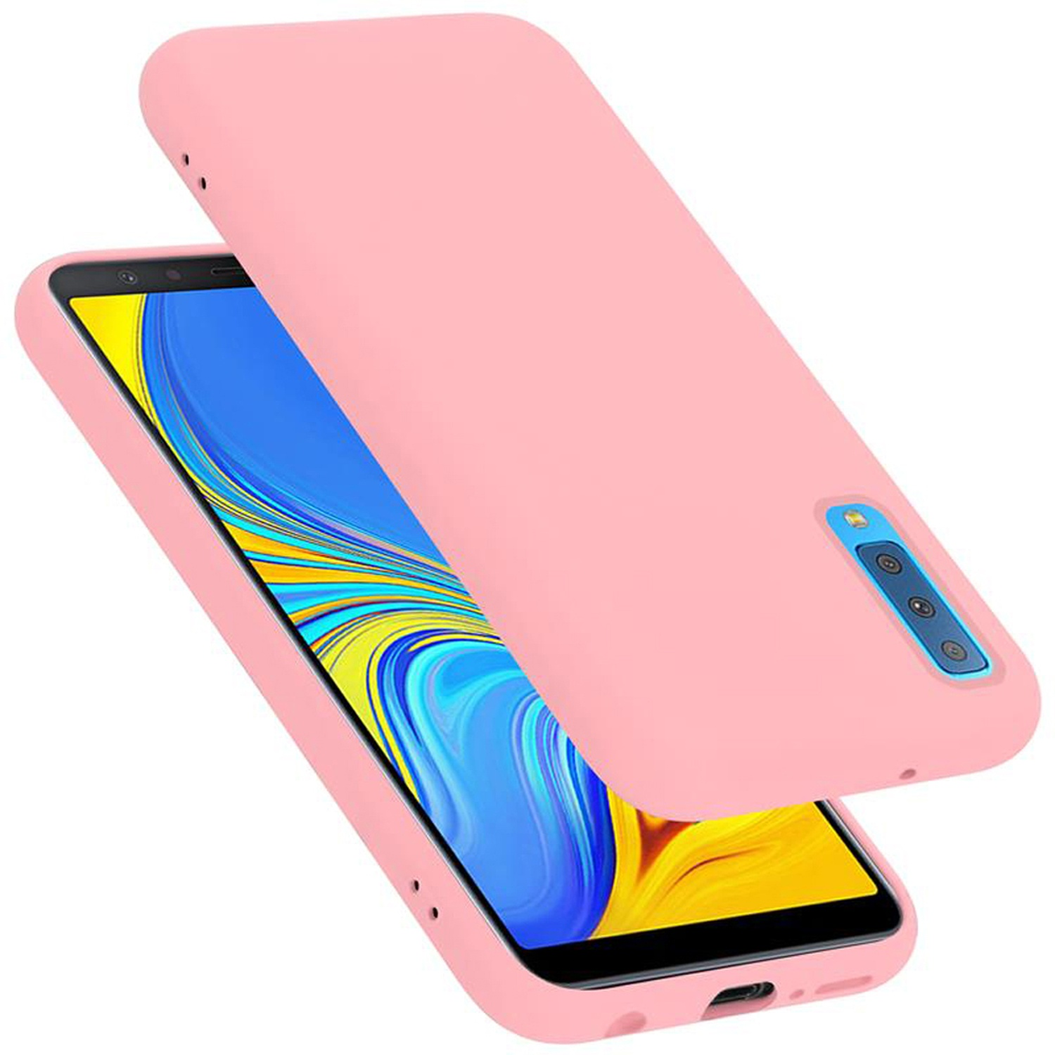 Telefono rosa con custodia rosa. Sfondo bianco.