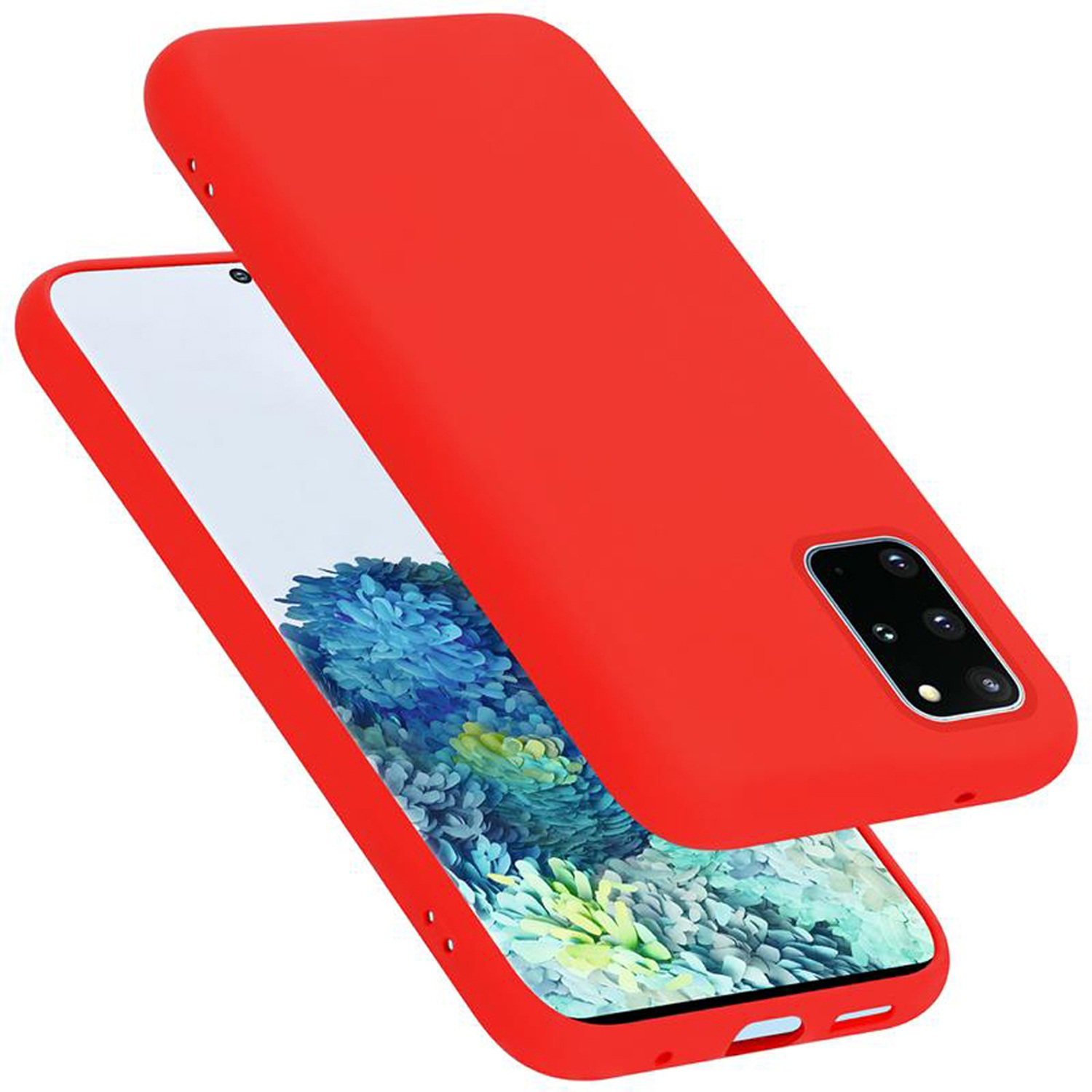 Custodia rossa per telefono e telefono. La custodia è aperta. Il telefono ha uno schermo floreale.