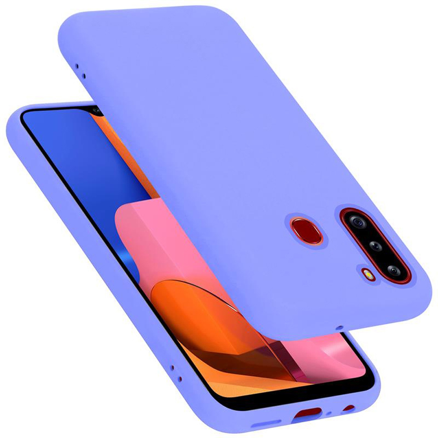 Eine lilafarbene Handyhülle mit einem Telefon darin. Die Hülle befindet sich leicht über dem Telefon.