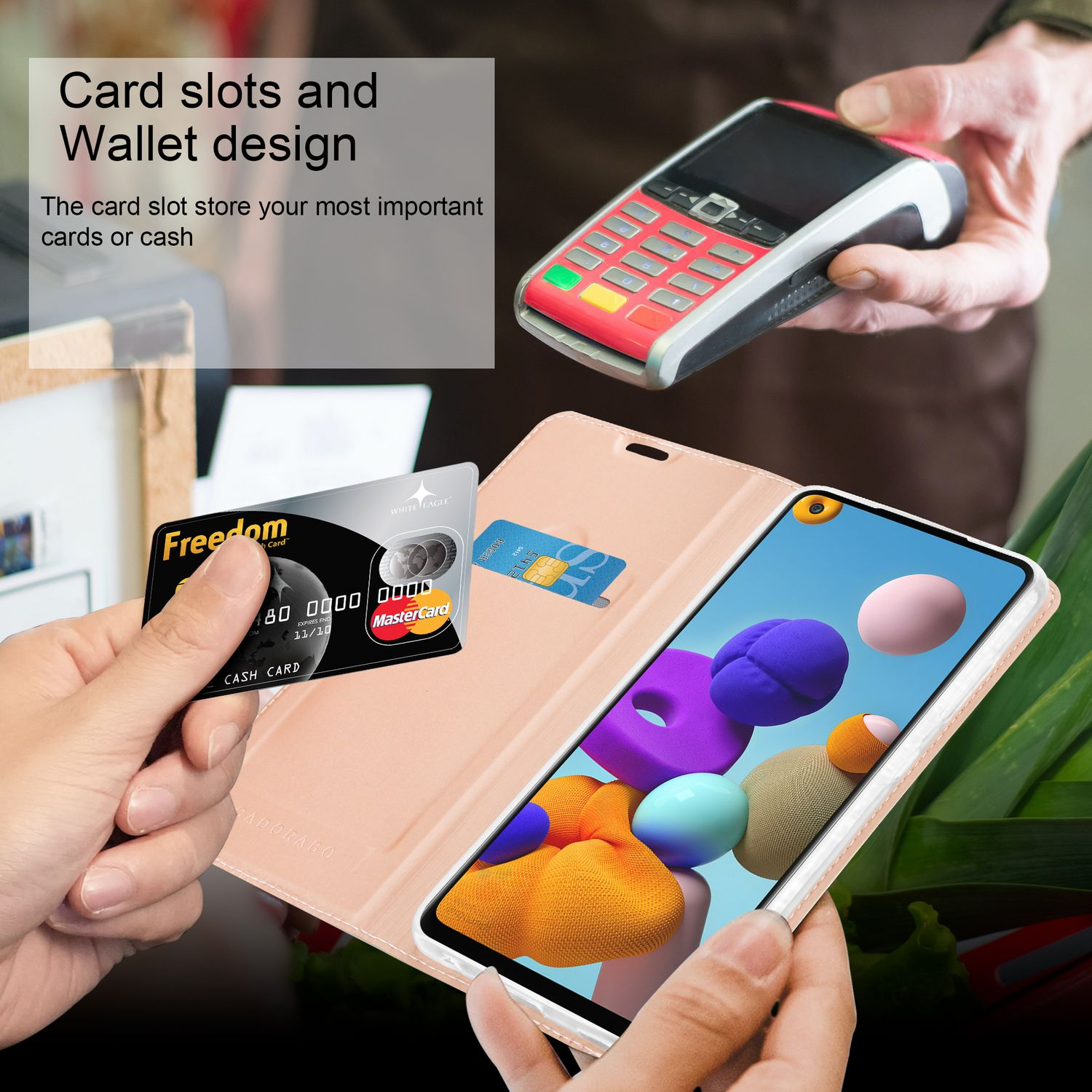 Un telefono in una custodia a portafoglio rosa con slot per carte. Carta di credito e dispositivo di pagamento.
