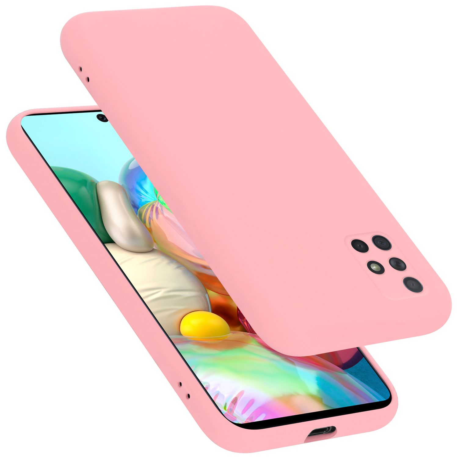 Custodia rosa per telefono, e un telefono all'interno. La custodia copre la parte posteriore del telefono.