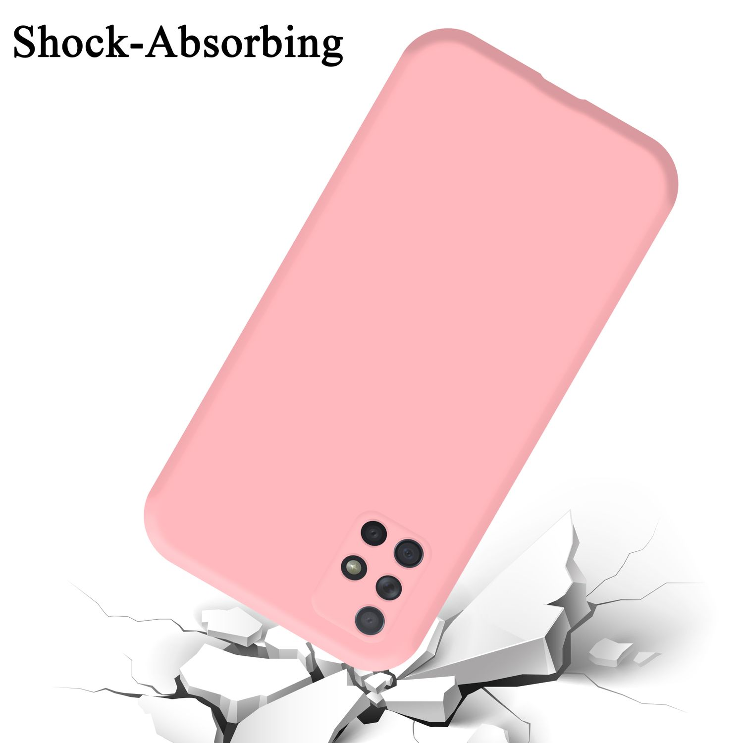 Una custodia rosa che cade su un terreno frantumato. Il telefono ha lenti della fotocamera. Testo Shock-Absorbing.