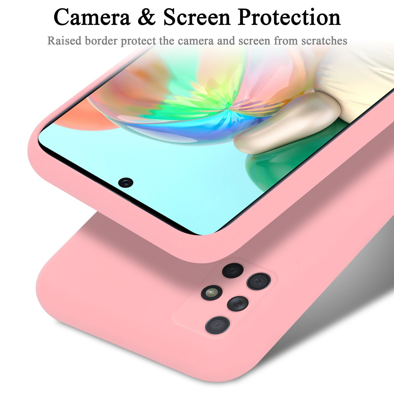 Custodia rosa con telefono dentro. La fotocamera del telefono è visibile. La custodia è su una superficie rosa.